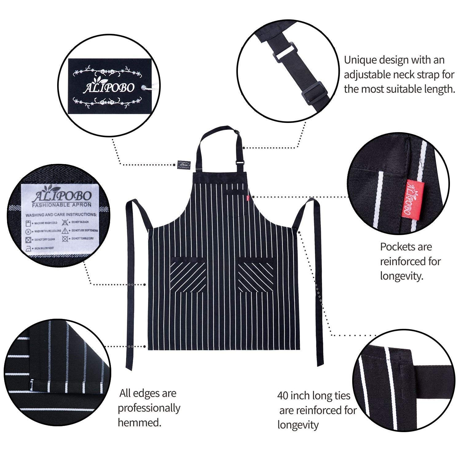 Alipobo Aprons For Women And Men, Kitchen Chef Apron With 3 Pockets And 40'' Long Ties, Adjustable Bib Apron For Cooking, Servin
