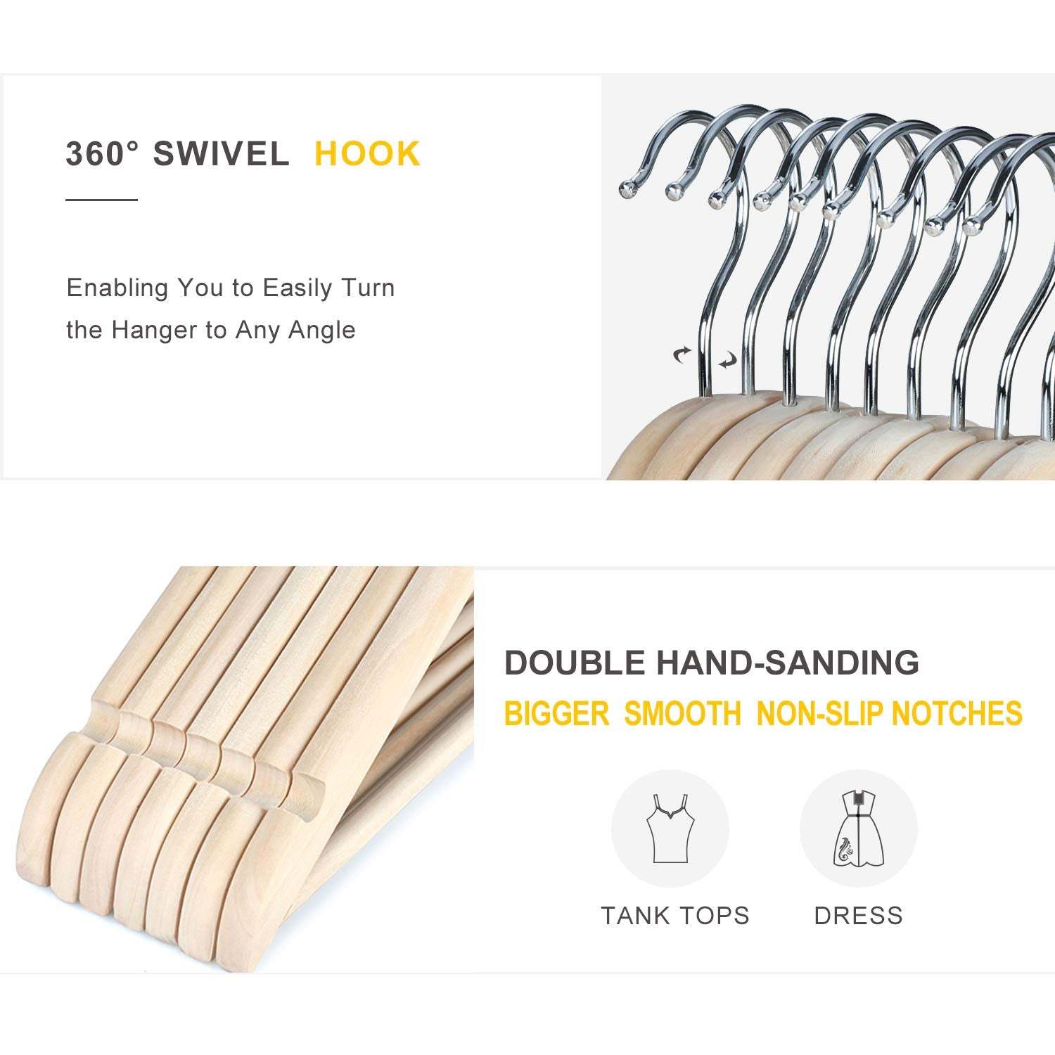 Topia Hanger Natural Unfinished Wooden Hangers With 360Strong Swivel Hook And Smoothly Cut Shoulder Notches, 18-Pack Solid Wood