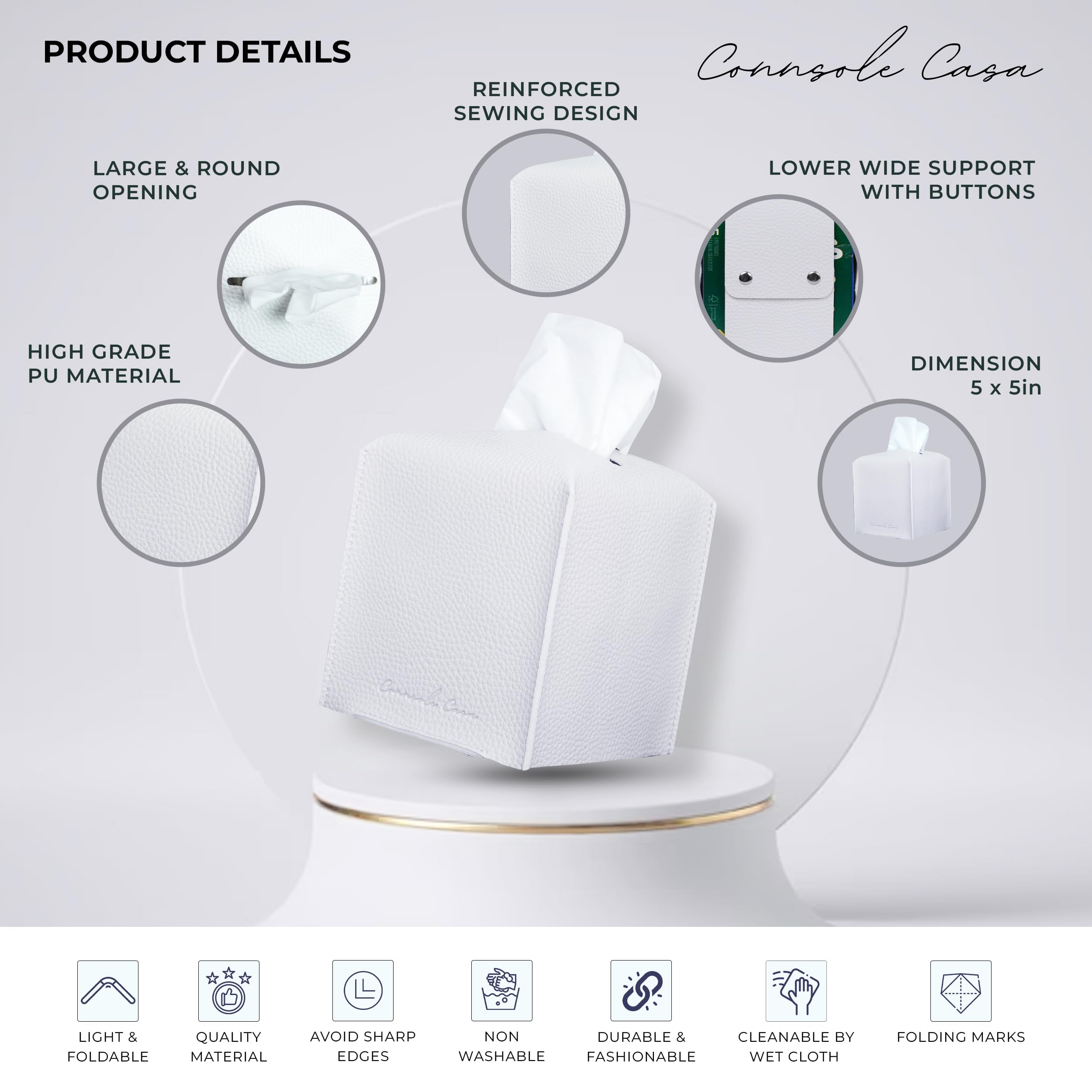 Connsole Casa Premium Pu Leather Tissue Box Holder - Elegant Hotel-Style White Tissue Box Cover For Enhanced D  Cor Of Home, Off
