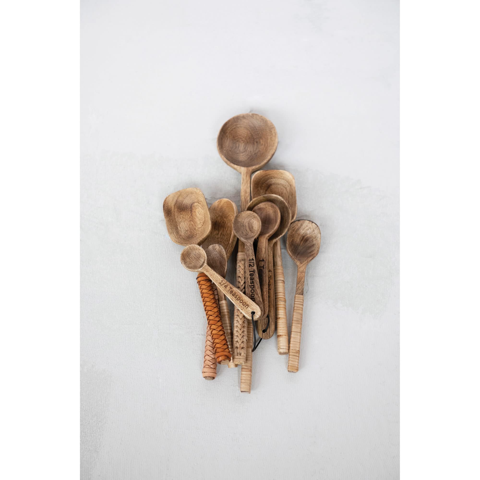 Creative Co-Op Mango Wood Spoons With Bamboo Wrapped Handles, Set Of 3 In Printed Drawstring Bag