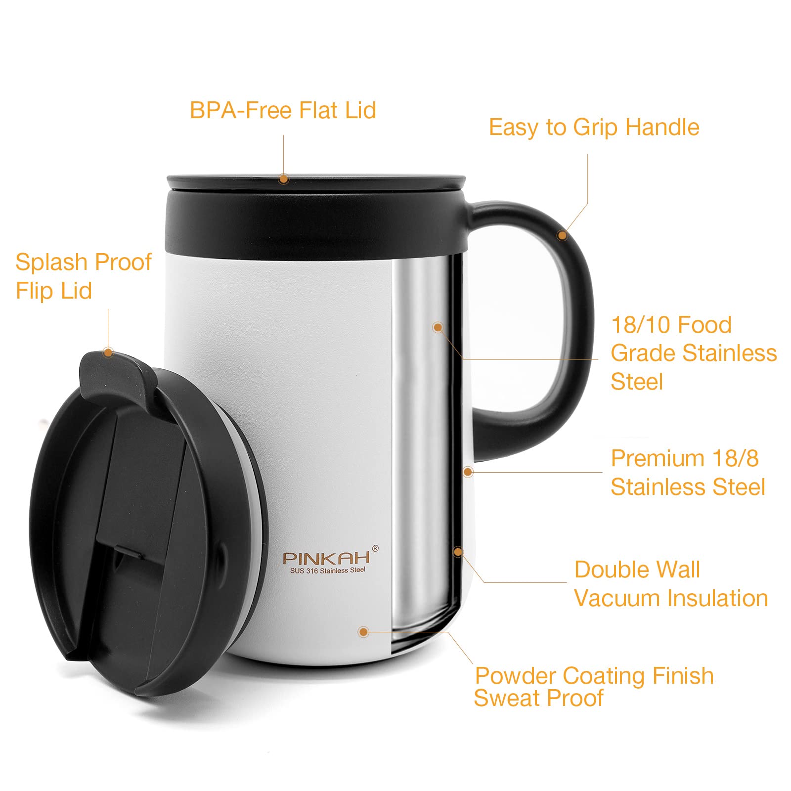 Pinkah 16Oz Coffee Mug Cup With Handle, Insulated Stainless Steel Coffee Cup With Lid, Hot And Cold Beverages, Double Walled Vac