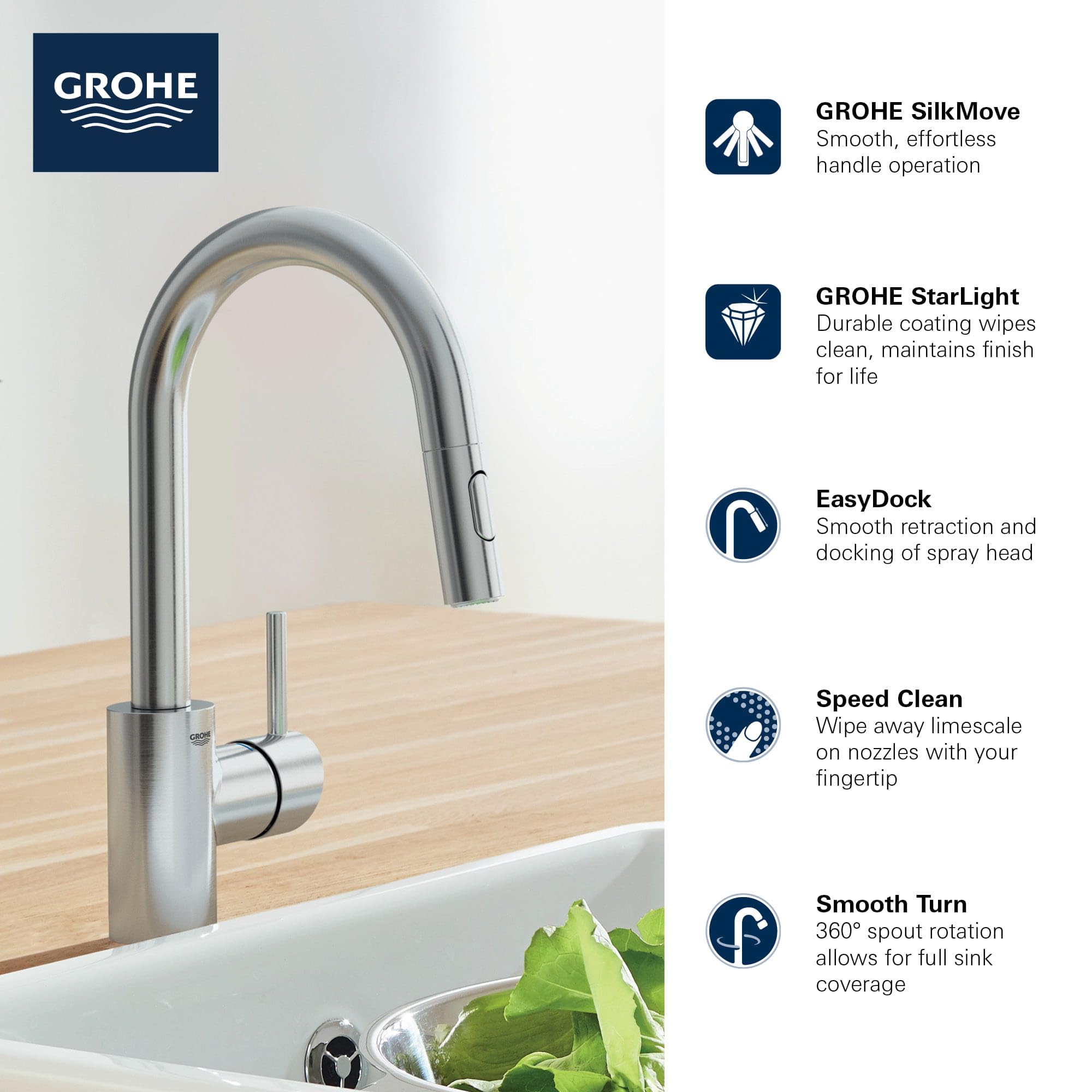 GROHE Concetto Pull-Down Kitchen Faucet, 1.75 GPM, Stainless Steel, Model 32665DC3, Supersteel Finish