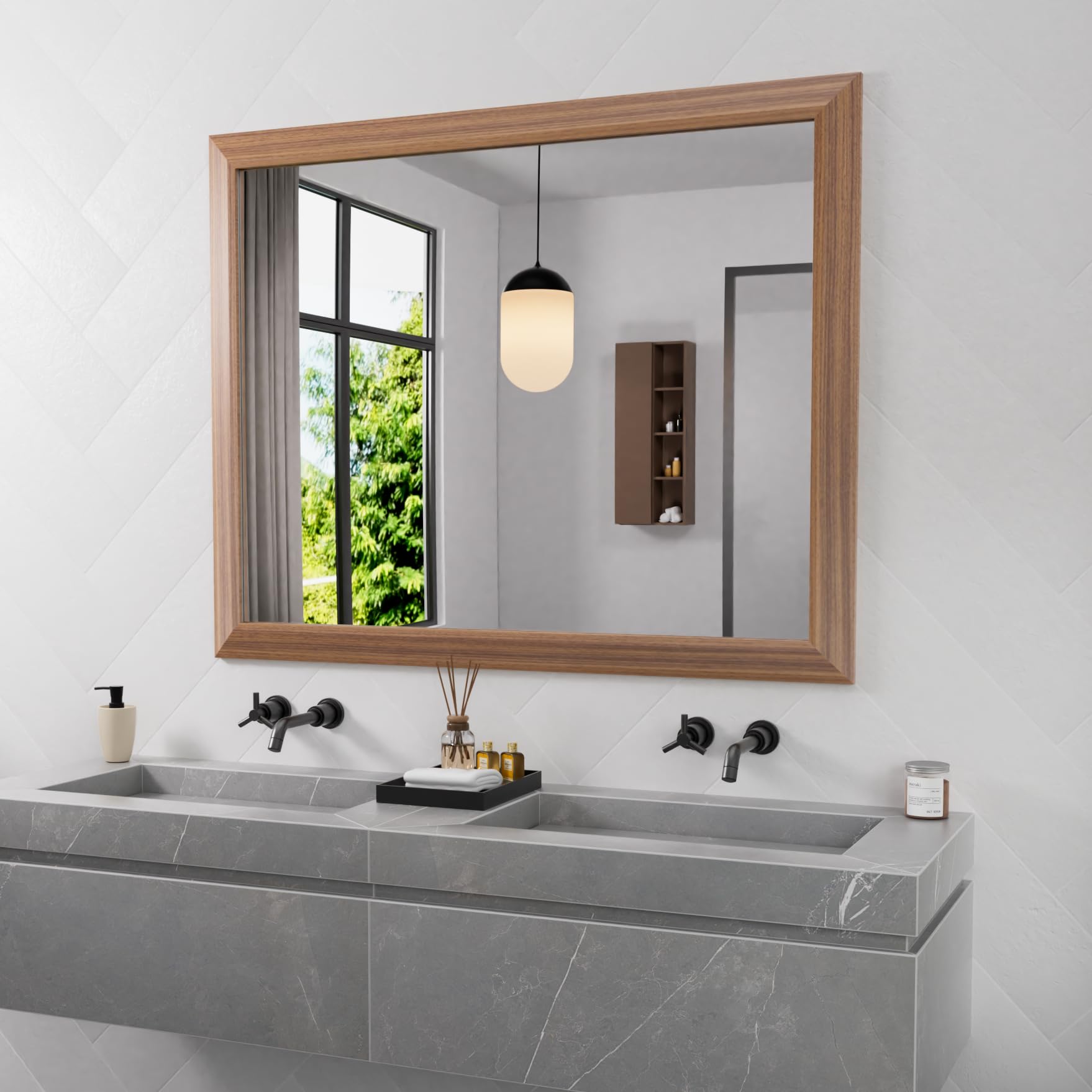Amorho 40X32 Inch Bathroom Mirror for Wall, Walnut Wood Grain Metal Framed Mirror, Anti-Rust, Hang Horizontally/Vertically, Suit
