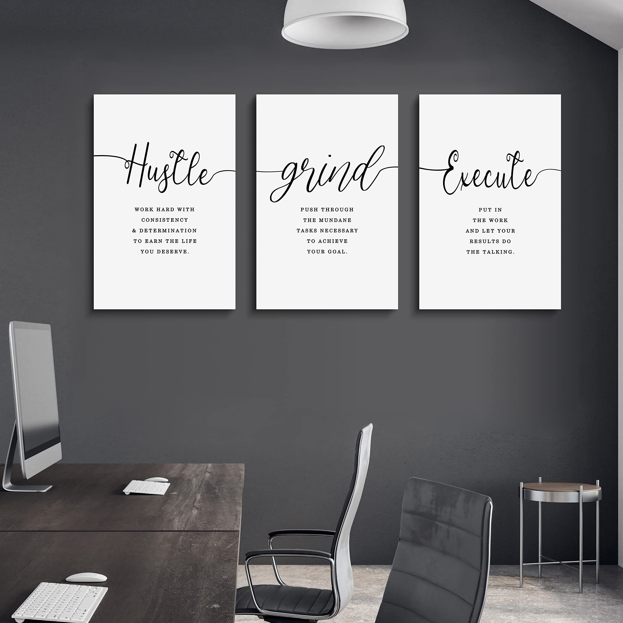 Framed Canvas Wall Art Hustle Quote, Office Wall Art, White Large Poster, Positive Motivational Set Of 3 Prints, Execute Hustle