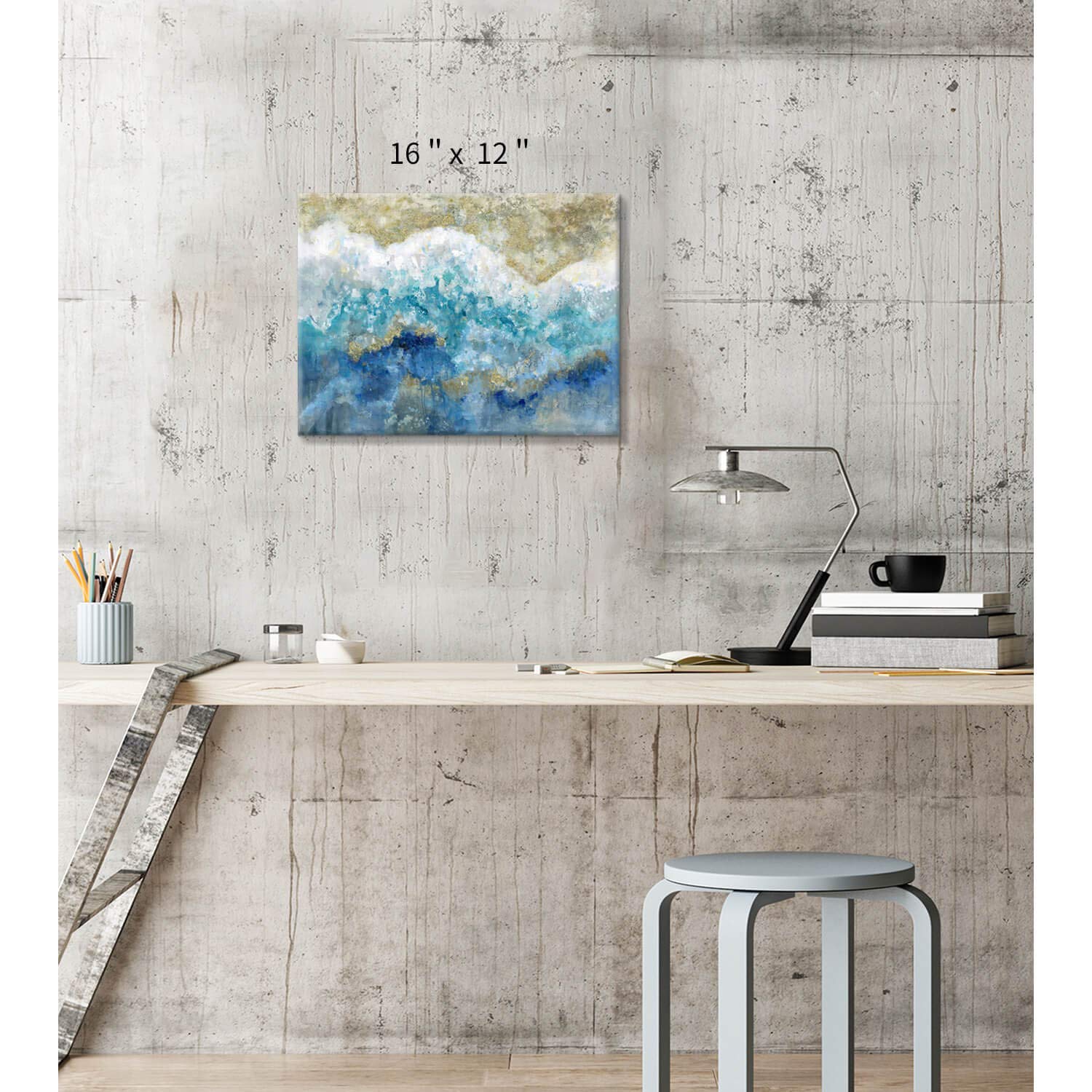 Abstract Picture Canvas Wall Art: Blue & Gold Artwork Painting Print On Canvas Small Size For Walls (16'' X 12'' X 1 Panel)