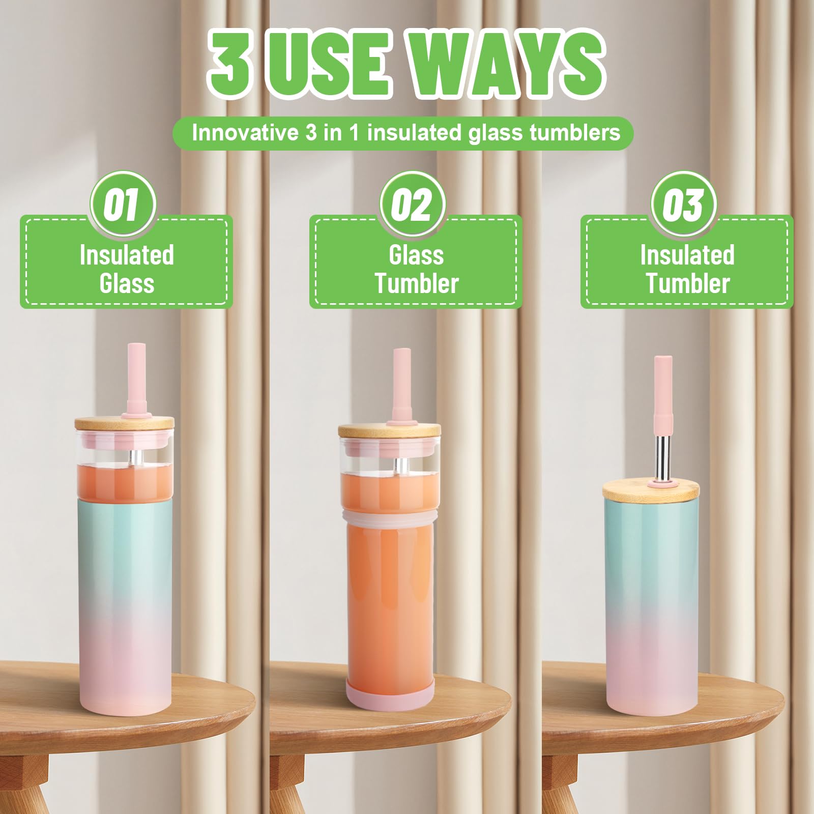 Tronco 20 Oz Double Walled Insulated Glass Tumbler With Straw And Lid, Vacuum Stainless Steel Outer, Reusable Insulated Iced Cof