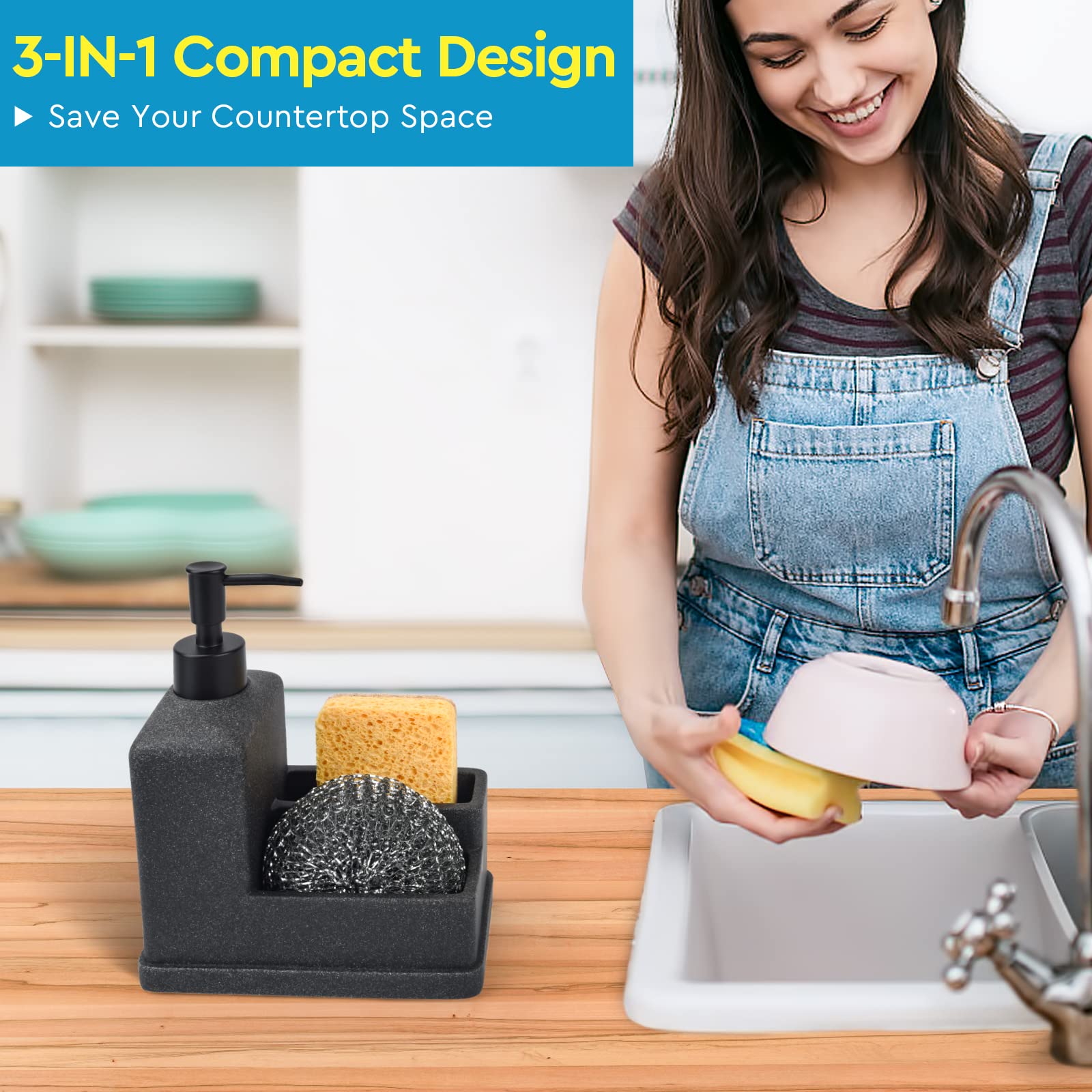 Dish Soap Dispenser With Sponge Holder,Liquid Hand And Dish Soap Dispenser And Spong Caddy With Brush Holder 3 In 1 Countertop O