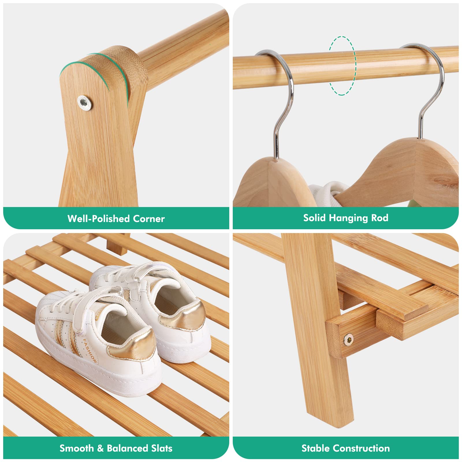 Jotsport Small Clothes Rack Kids Dress Up Storage For Playroom, Toddlers Bedroom, Bamboo Child Garment Rack With Storage Shelf,
