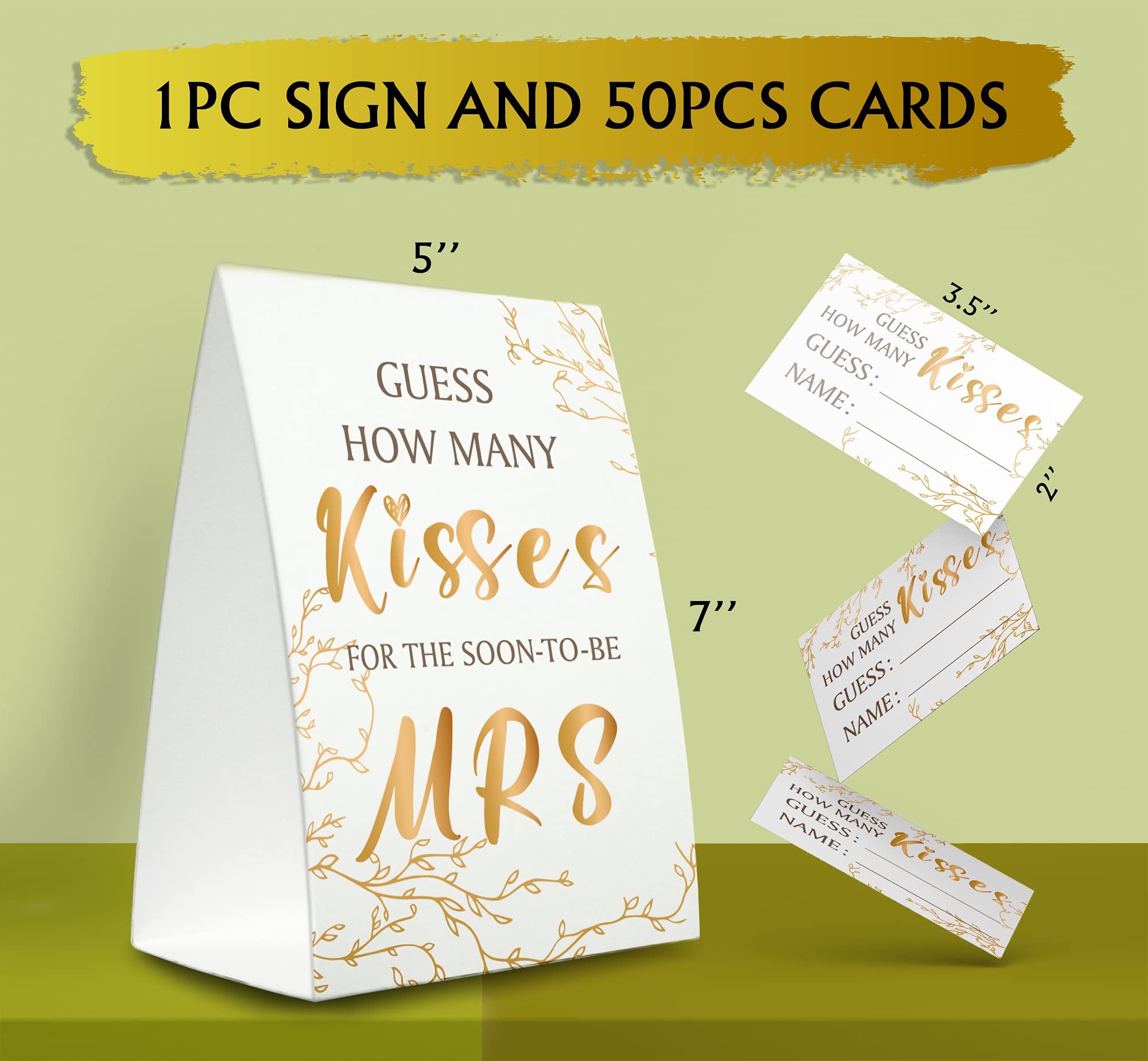 Tesedupoole Bridal Shower Game Cards Kit (1 Standing Sign + 50 Guessing Cards), Golden,Guess How Many Kisses For The Soon To Be