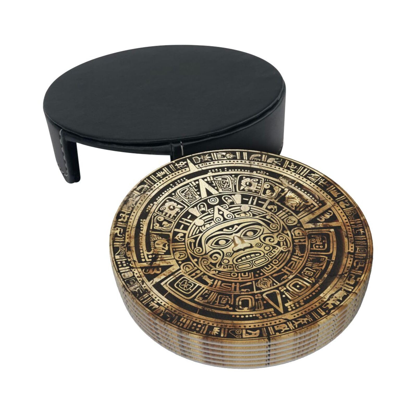 Aztec Calendar Mayan Coasters For Drinks With Holder, Leather Coasters Set Of 6, Round Cups Mugs Mat Pad For Home Kitchen