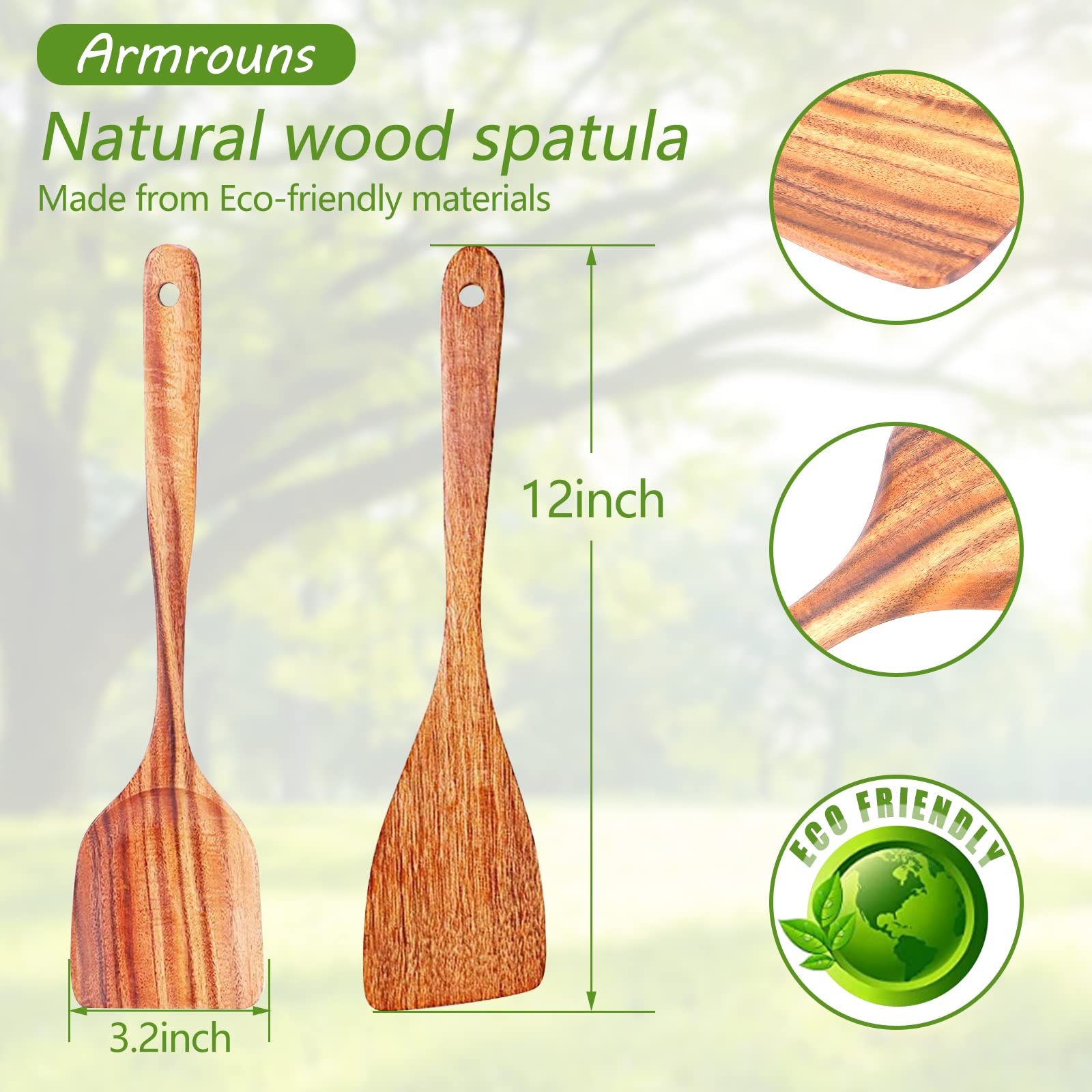 Armrouns Wooden Spatula Turner For Cooking 2-Pack Set, Natural Wooden Cooking Utensils Kitchen Spatulas (15.6'')