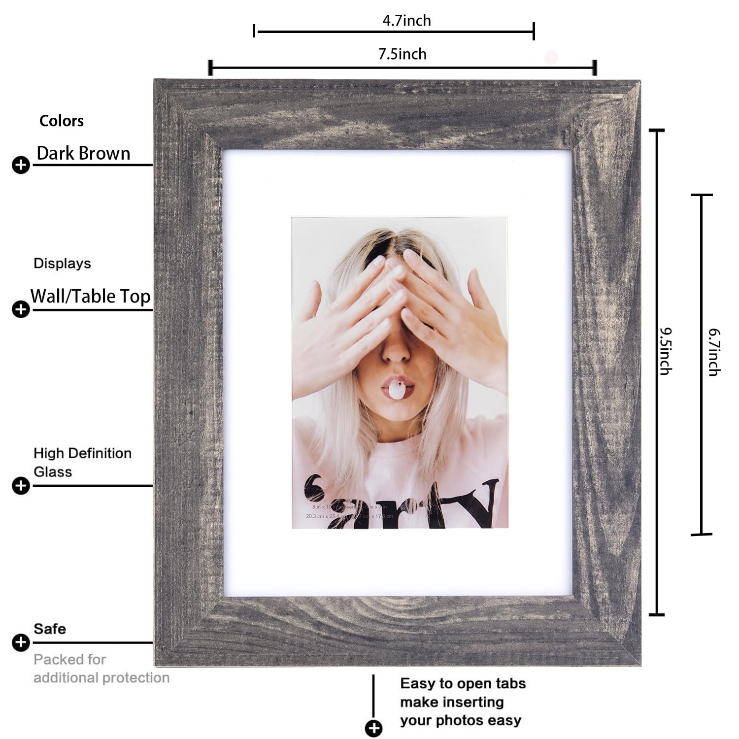 Scholartree Wide Molding 8x10 Picture Frames Display Picture 5x7 with Mat, HD Glass Inside Rustic Wooden Dark Brown Photo Frame