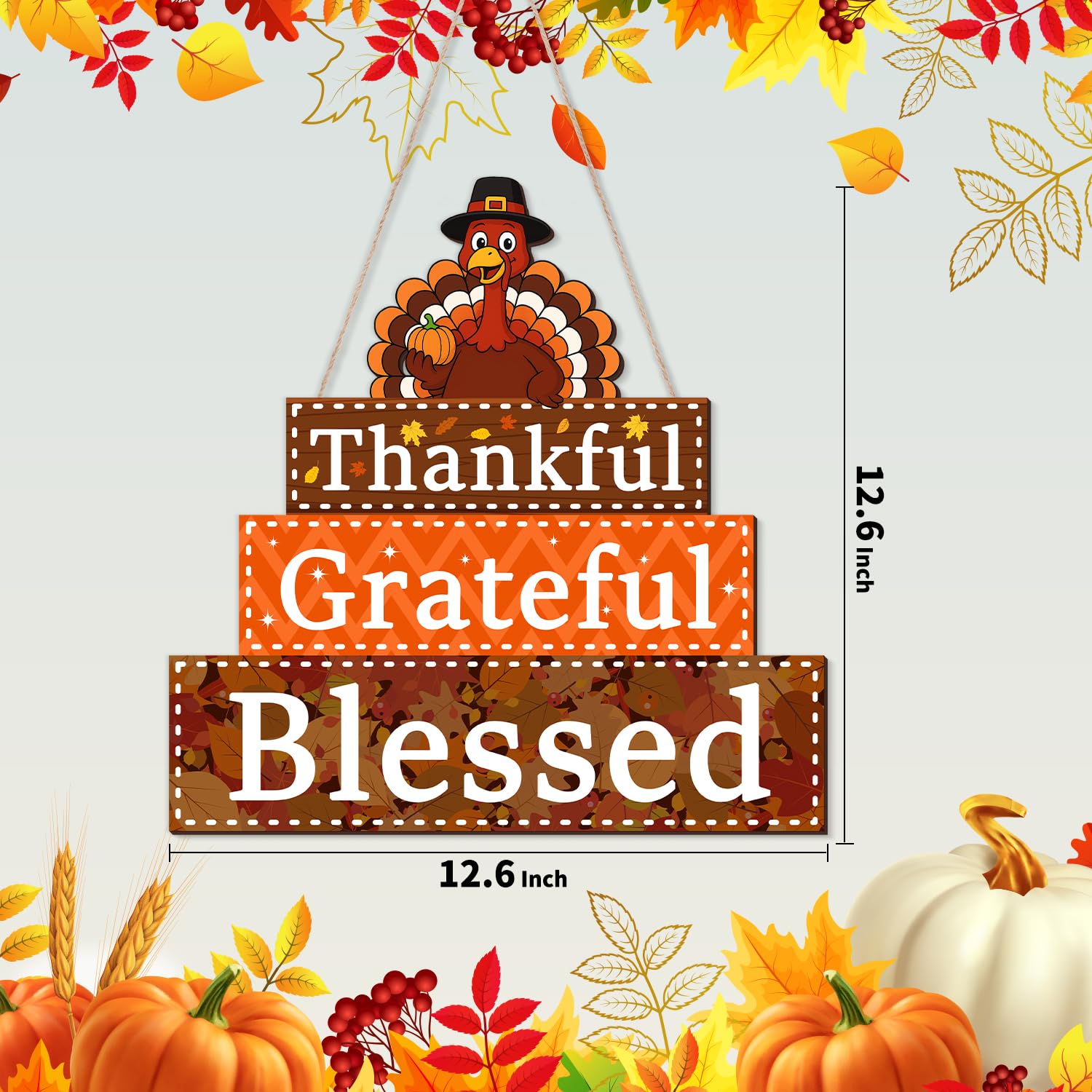 Thanksgiving Decorations Wooden Turkey Door Sign Thankful Grateful Blessed Sign Decor Hanging Wall Signs for Thanksgiving Harves