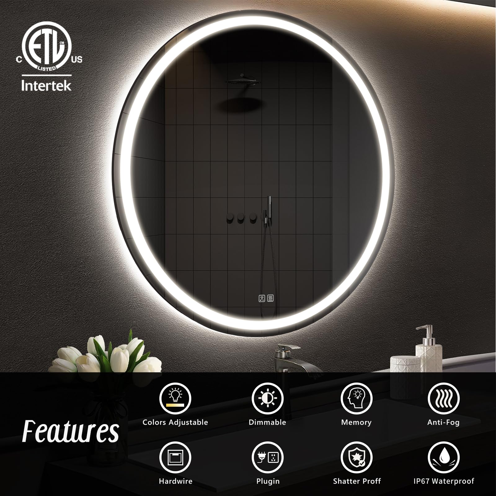 Aprilsoul 32 Inch Round Led Bathroom Mirror With Lights, Makeup Mirror With Front And Backlit, Anti-Fog, 3 Colors And Dimmable L