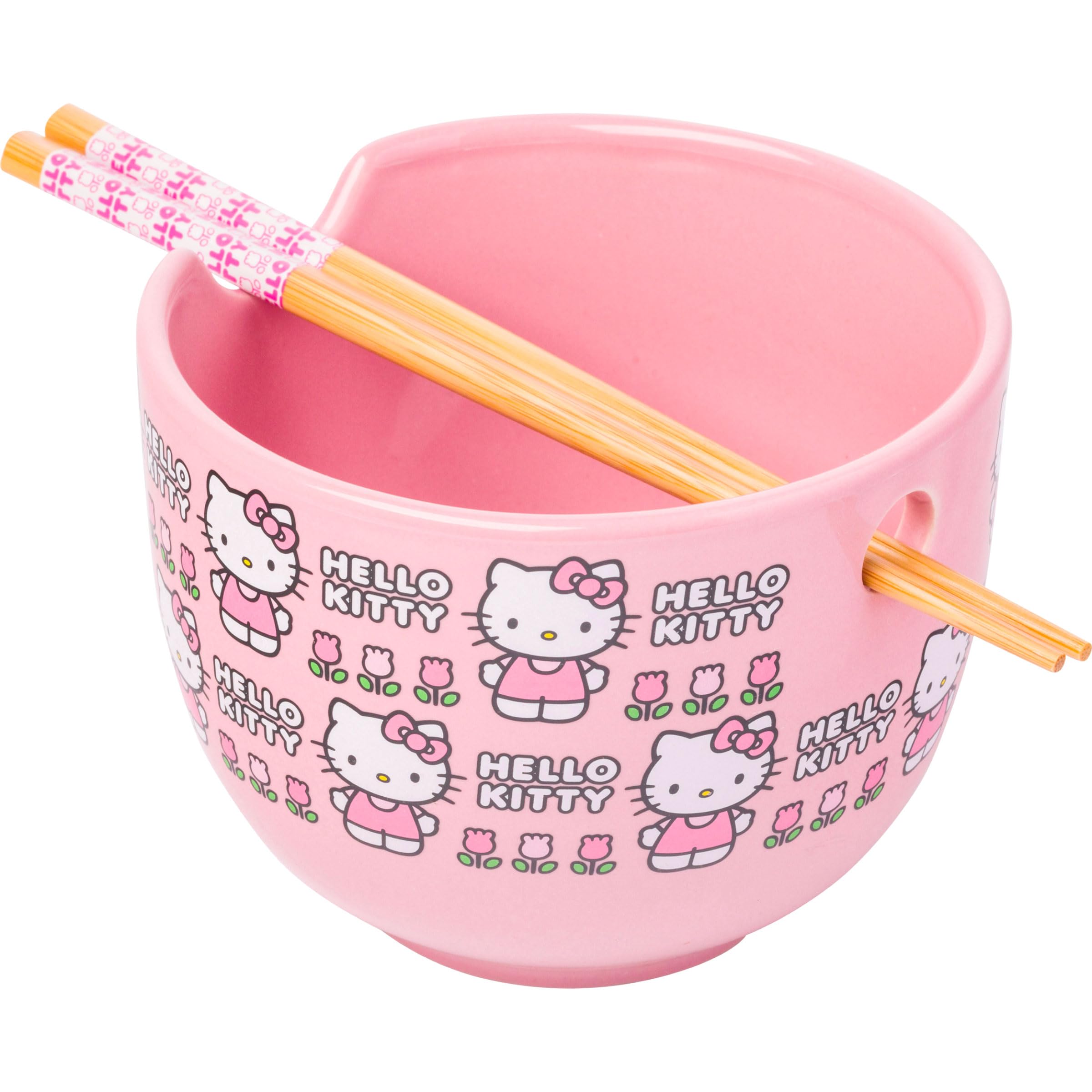 Silver Buffalo Sanrio Hello Kitty Flowers Pattern Ceramic Ramen Noodle Rice Bowl with Chopsticks  Microwave Safe  20 Ounces