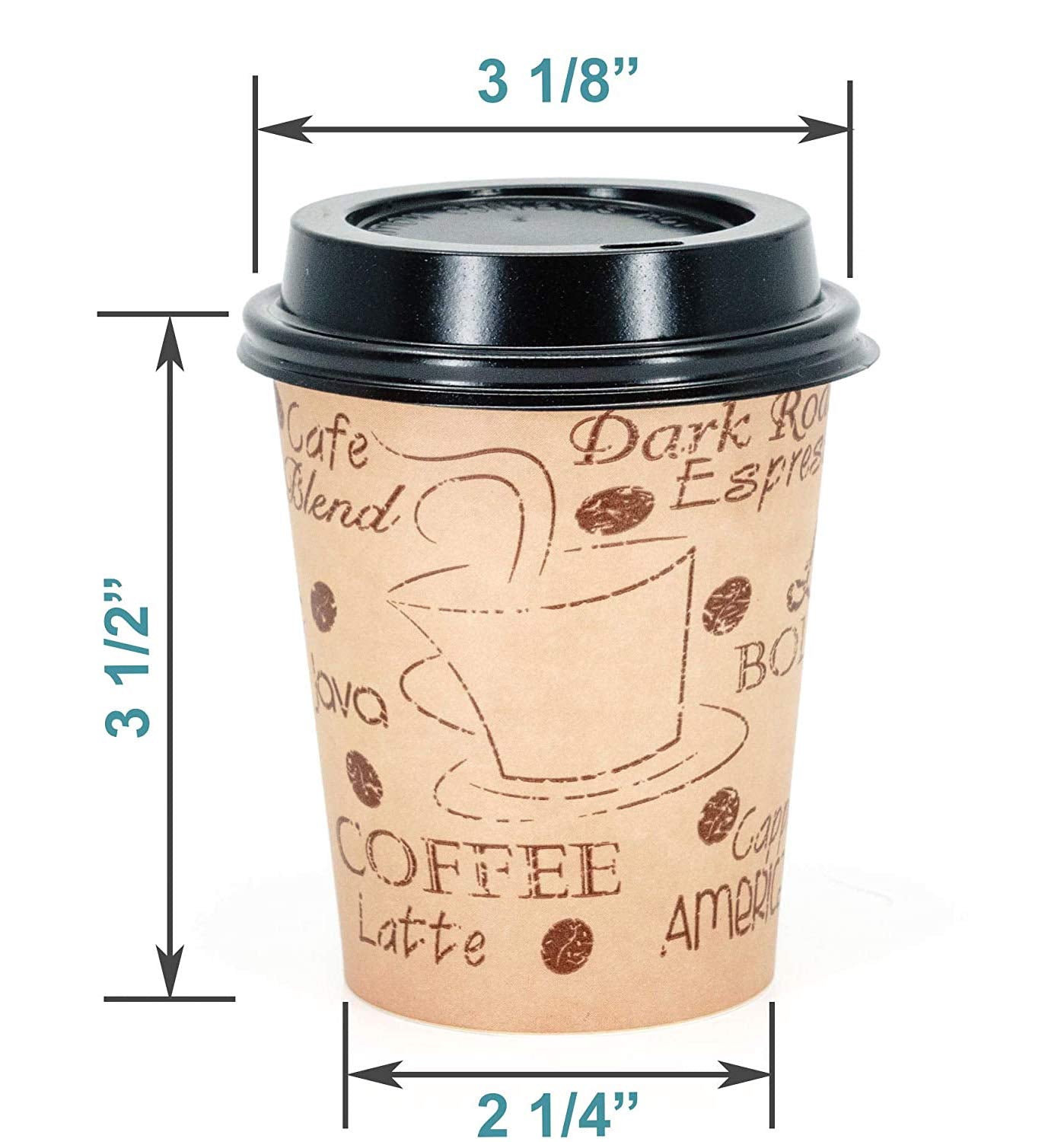 Ecodesign-Us 8 Ounce Disposable Paper Coffee Cups With Black Lids - 50 Sets - Double Shot Espresso Coffee To Go Medium Portion