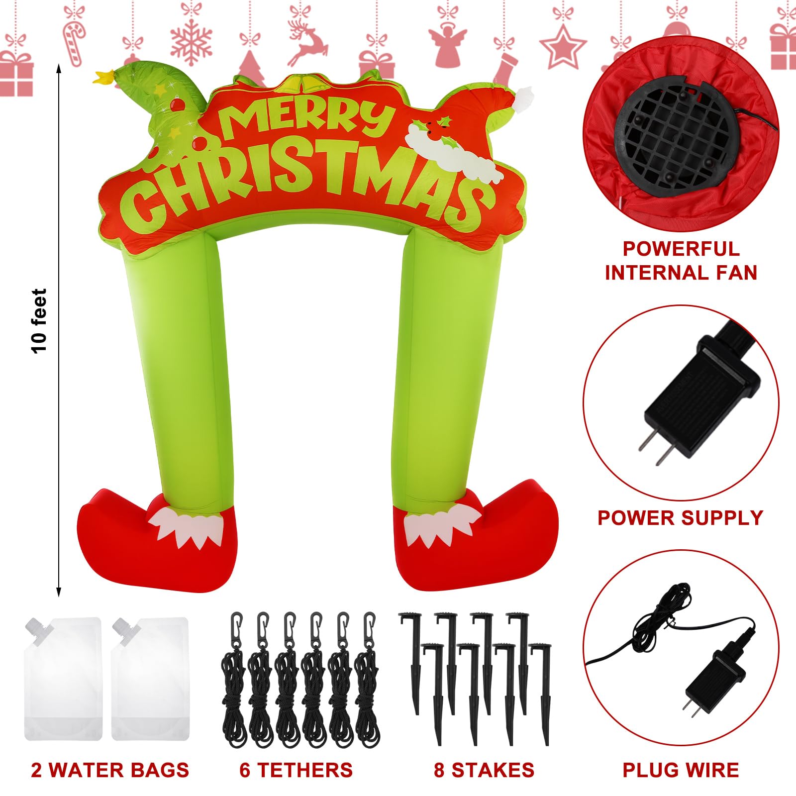 Lenwen 10 ft Christmas Green Furred Troublemaker Inflatable Arch Decoration Xmas Green Big Monster Leg Inflatables Archway with