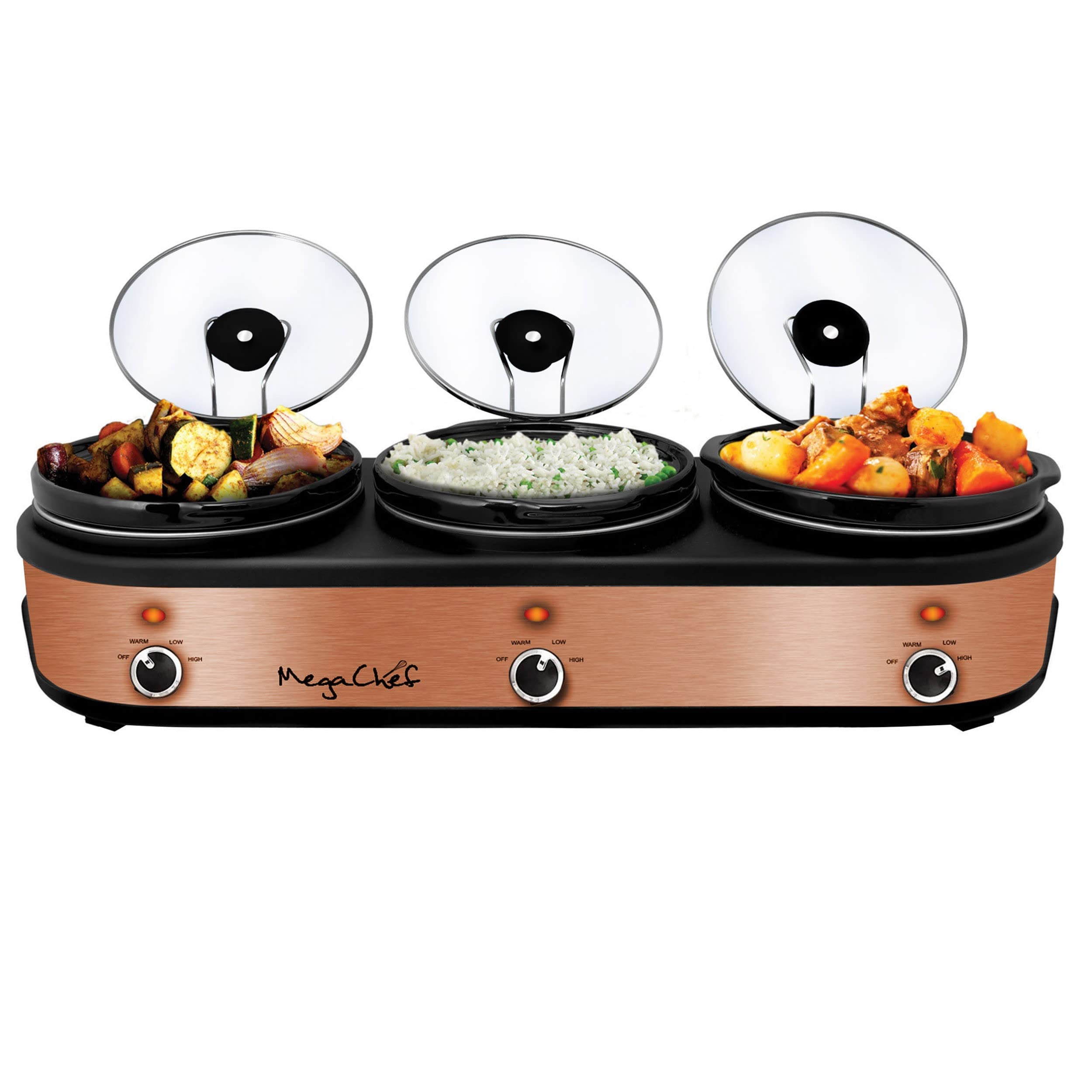 Megachef Triple 2.5 Quart Slow Cooker And Buffet Server In Brushed Copper And Black Finish With 3 Ceramic Cooking Pots And Remov