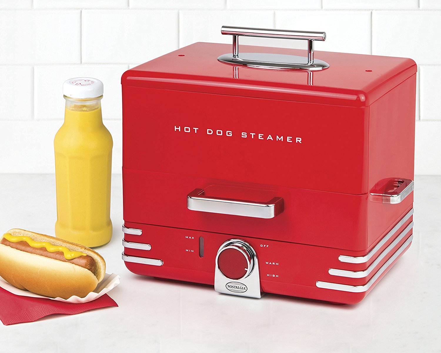 Nostalgia Extra Large Retro Classic Style Steamer Warmer, 20 Hot Dog And 6 Bun Capacity, Steam Bratwursts, Sausages, Vegetables,