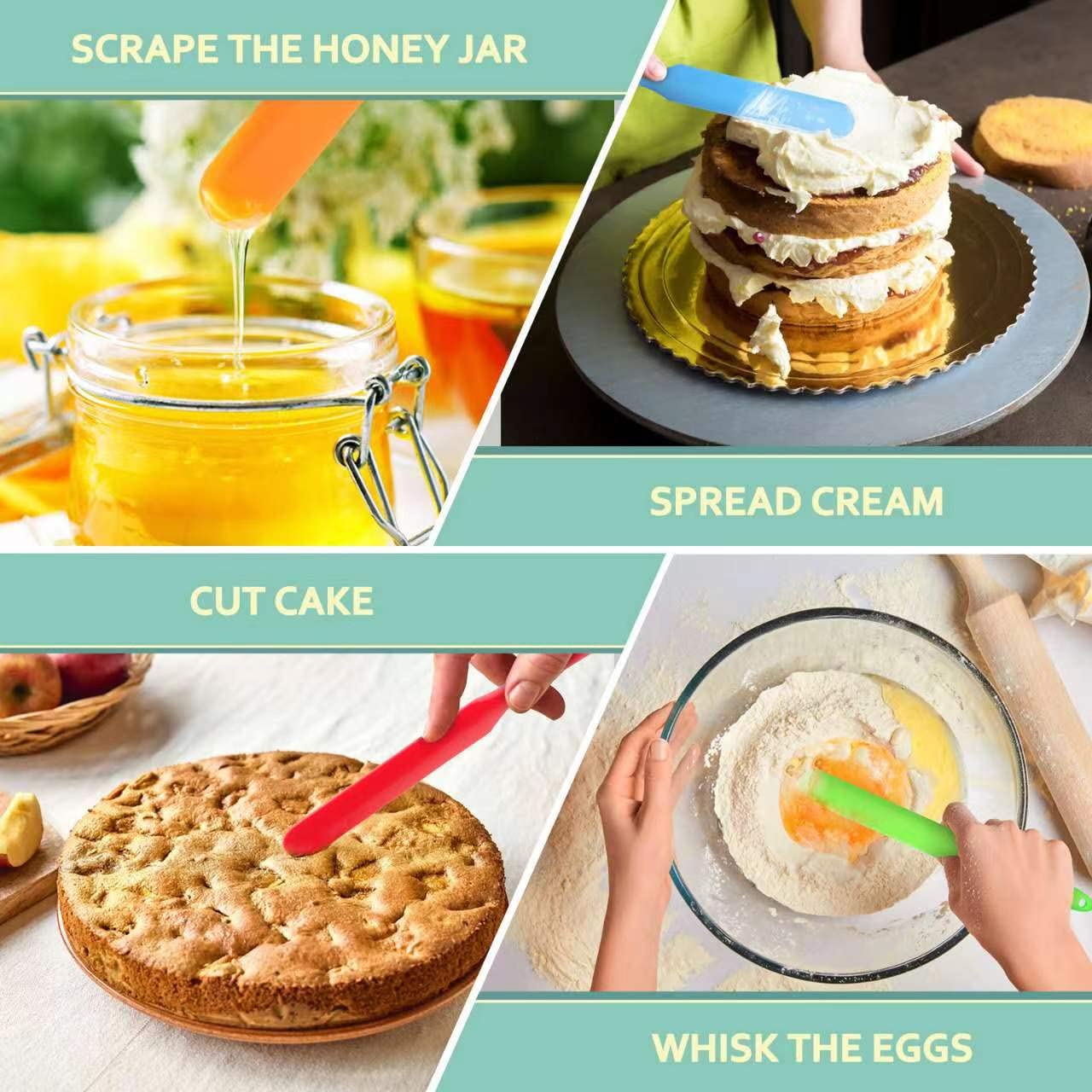 5Pcs Silicone Jar Spatulas - Cake Cream Spatulas Set, 9.8 Inch Non-Stick Heat Resistant Mixing Butter Spatulas Baking Scrapers F