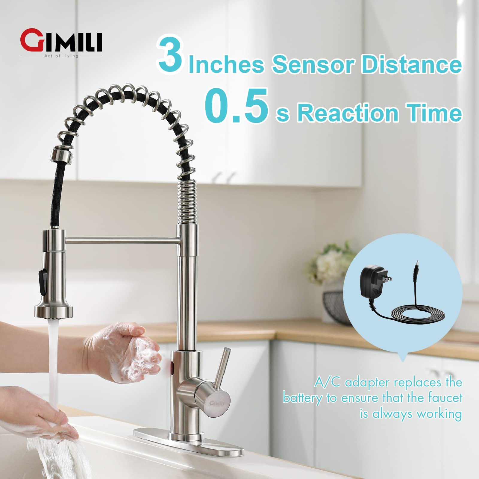 Gimili Touchless Kitchen Faucet With Ac Adapter, Smart Motion Sensor Hands Free Single Handle Kitchen Sink Faucet With Pull Down