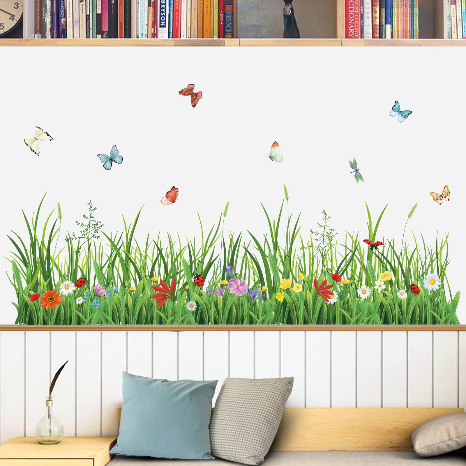 Wondever Green Grass Wall Corner Stickers Flowers Butterflies Baseboard Skirting Line Wall Decals For Bedroom Living Room (W:52