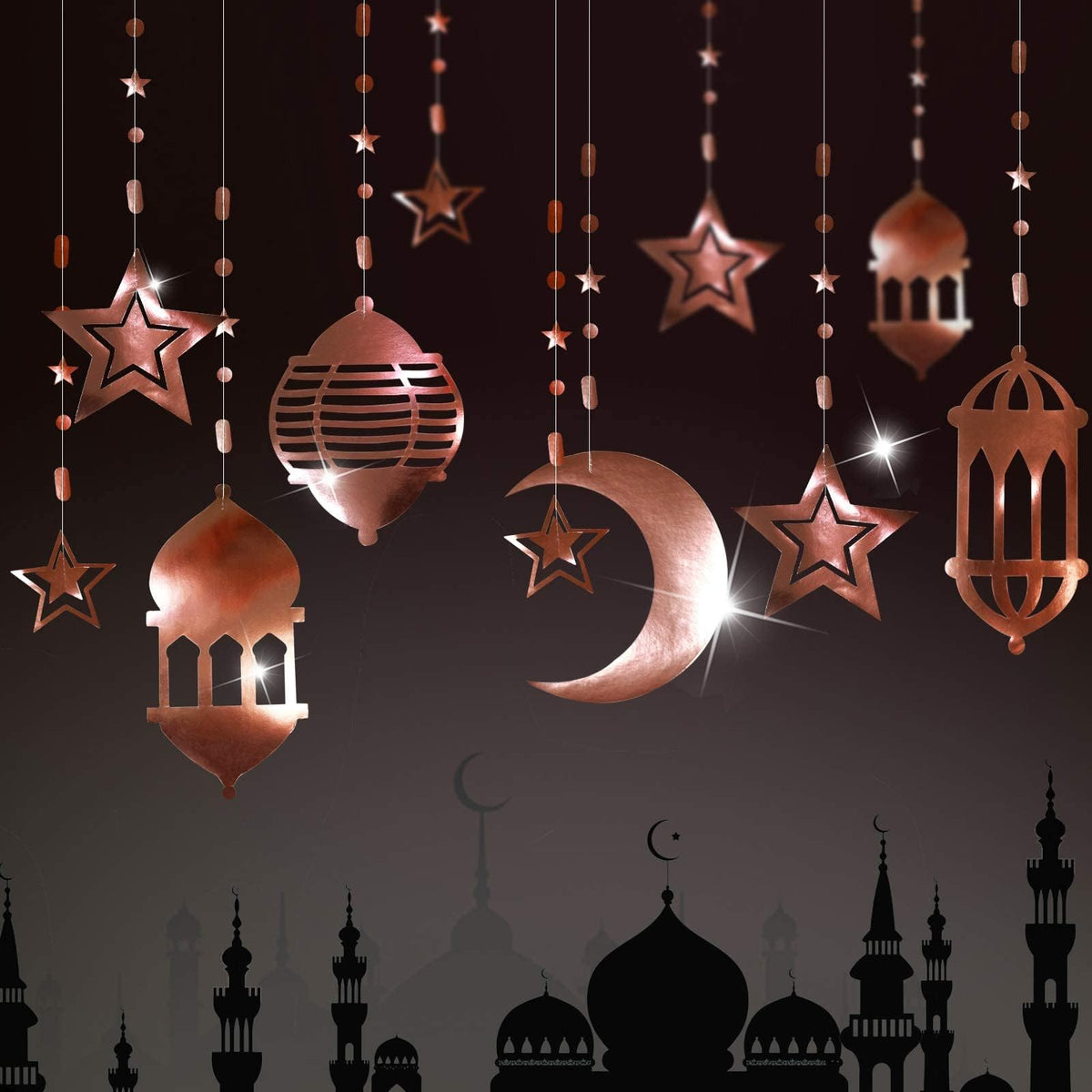 Cheerland Rose Gold Star Crescent Moon Lantern Garland For Ramadan Eid Mubarak Islamic Party Decor Hanging Streamer Backdrop Ban
