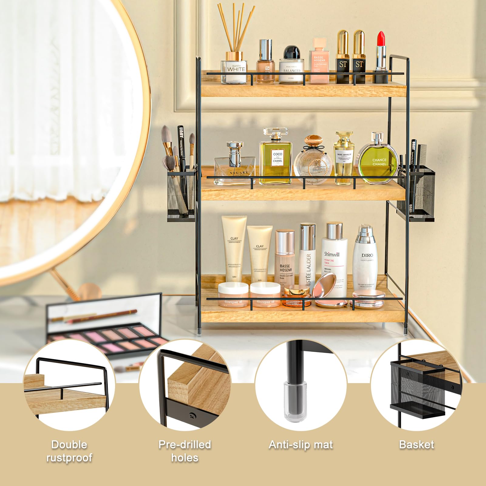 Bathroom Organizer Countertop, 3 Tier Bathroom Counter Organizer With Basket For Skin Care Organizer, Bathroom,Kitchen, Vanity O