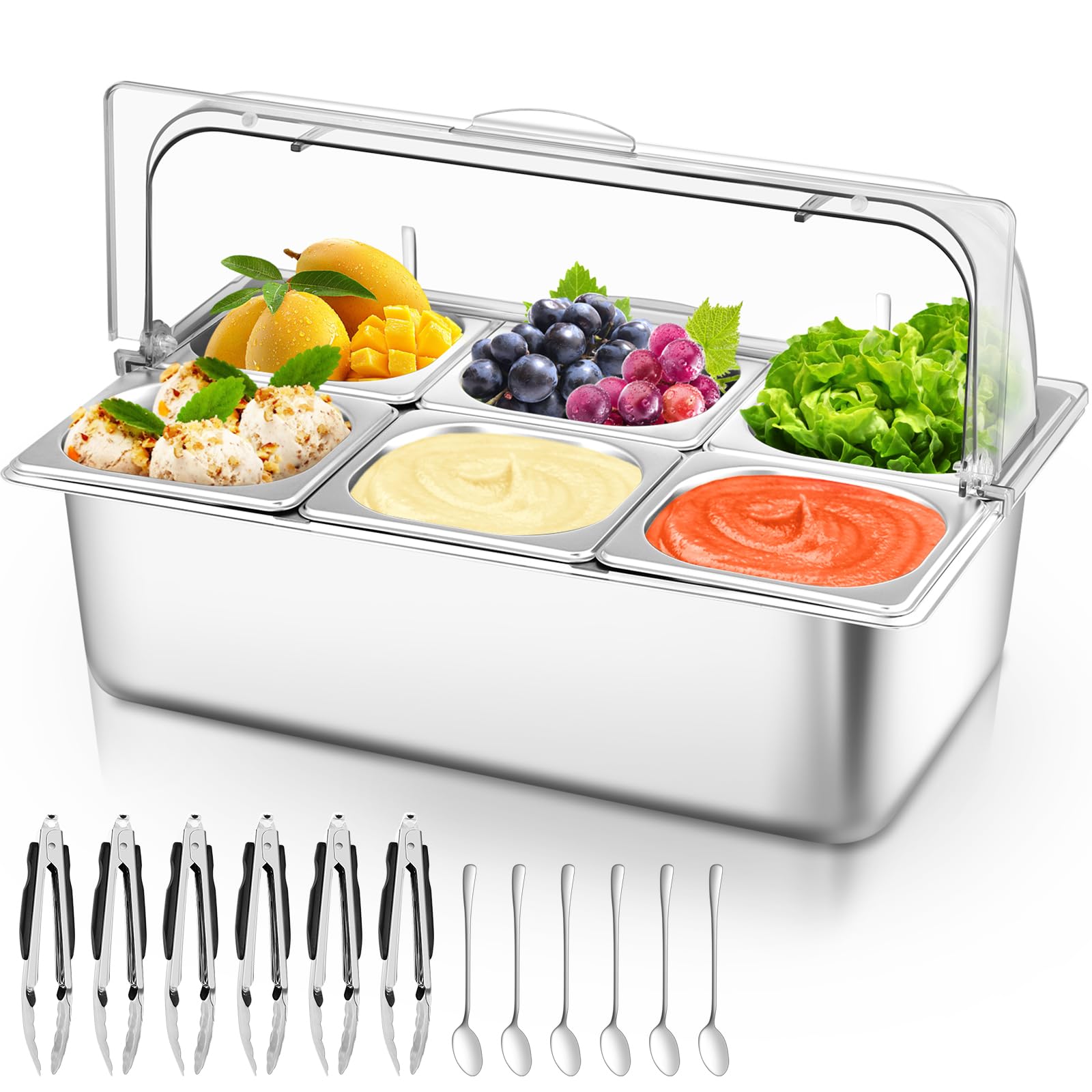 Countertop Food Serving Display Container with Clear Roll Top Cover, Stainless Steel Salad Serving Tray Condiment Dispenser Ice 