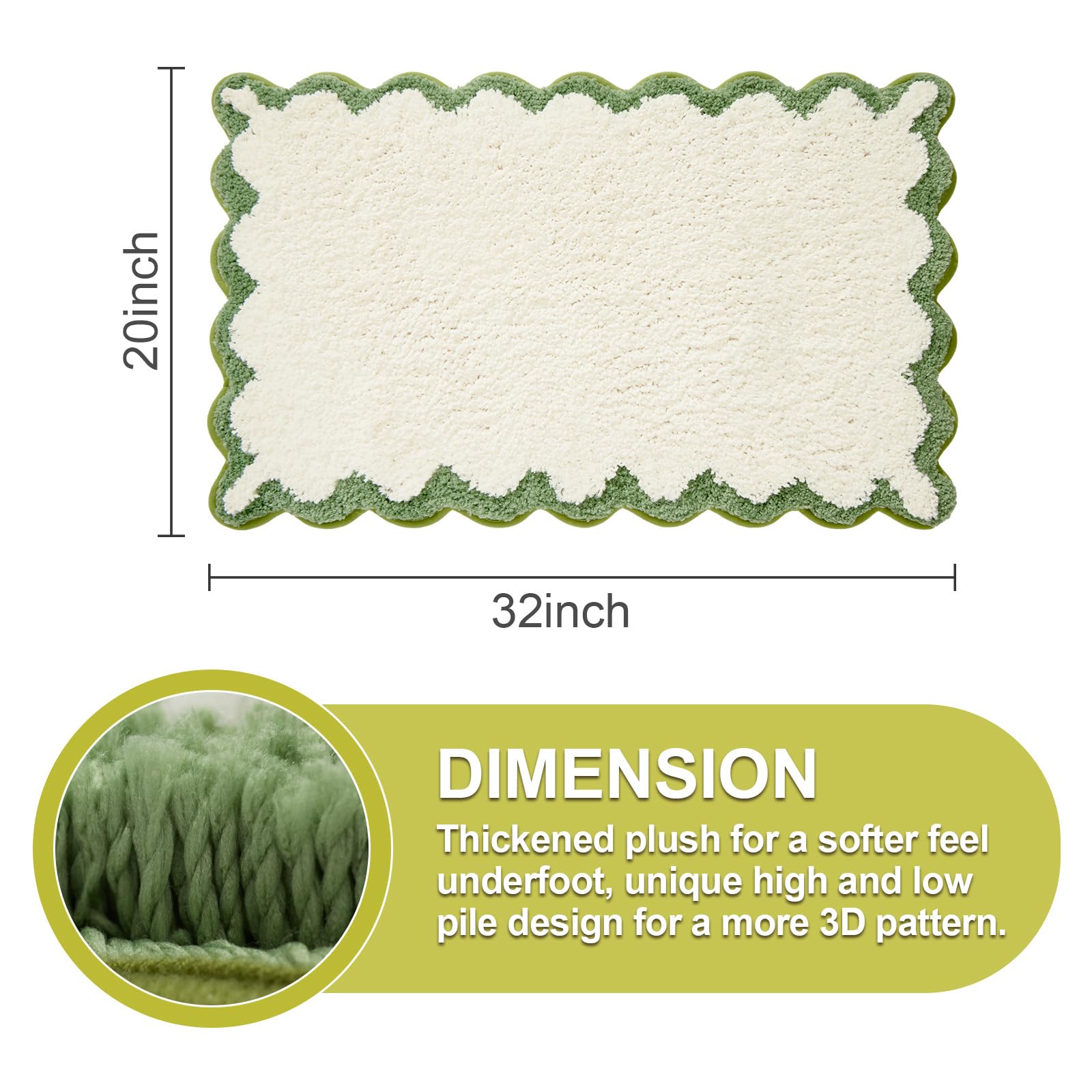 Ortigia Cute Scalloped Bathroom Rugs Non Slip Washable, Quick Dry Absorbent Plush Microfiber Bath Mats, Fun White And Green Bath