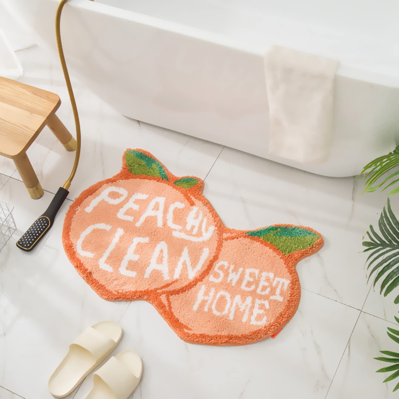 Ukeler Non Slip Bath Rug For Kids Coral Pink Peach Shape Bathroom Decor Absorbent Shaggy Bath Mat Non Skid Doormats For Kids Bed