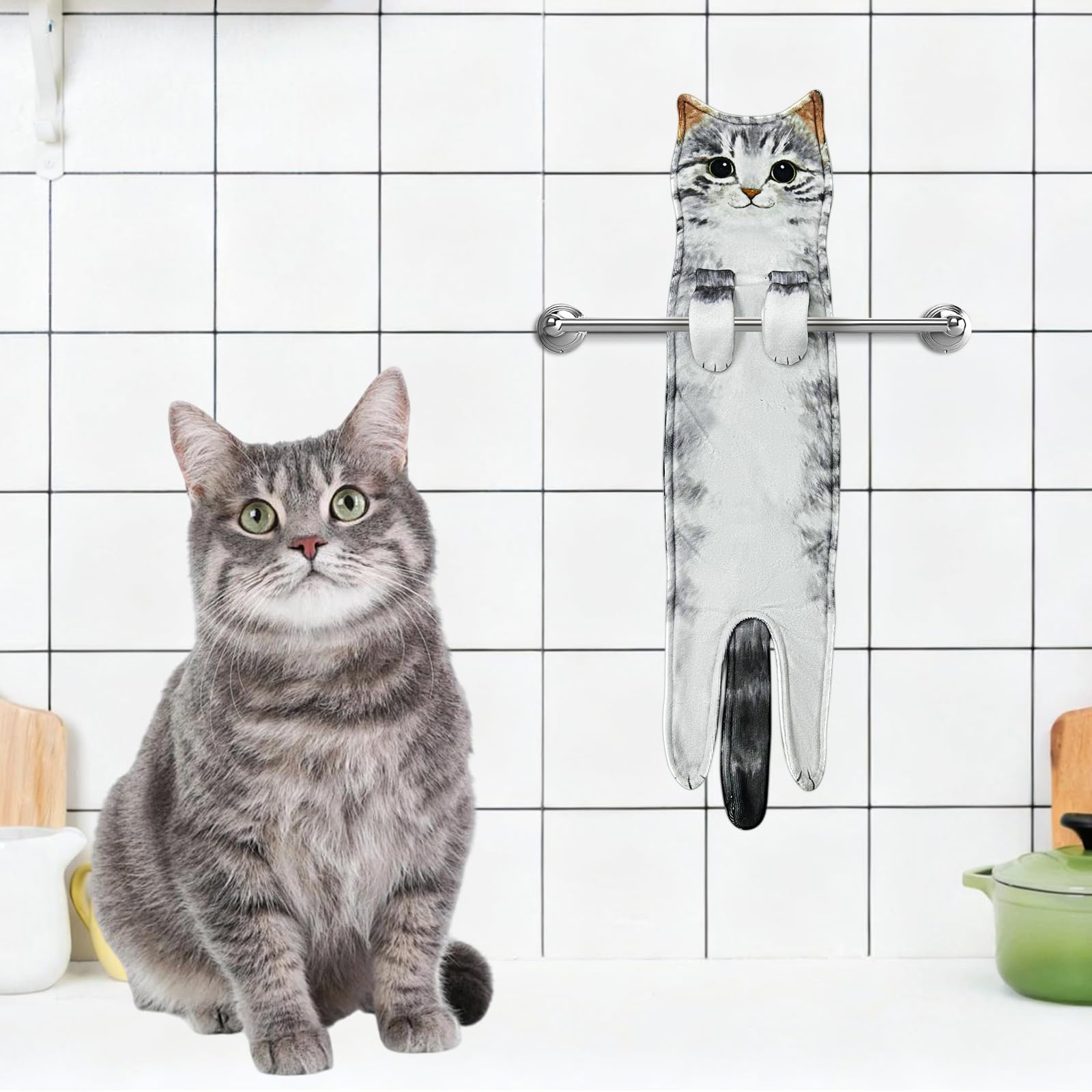 PAT JUUMG Cat Funny Hand Towels for Bathroom Kitchen Decor Cat Towels Hanging Kitchen Towels Super Absorbent Soft  New Home Housewarming Cat Gifts for Cat Lovers/for Women(Gray Cat)