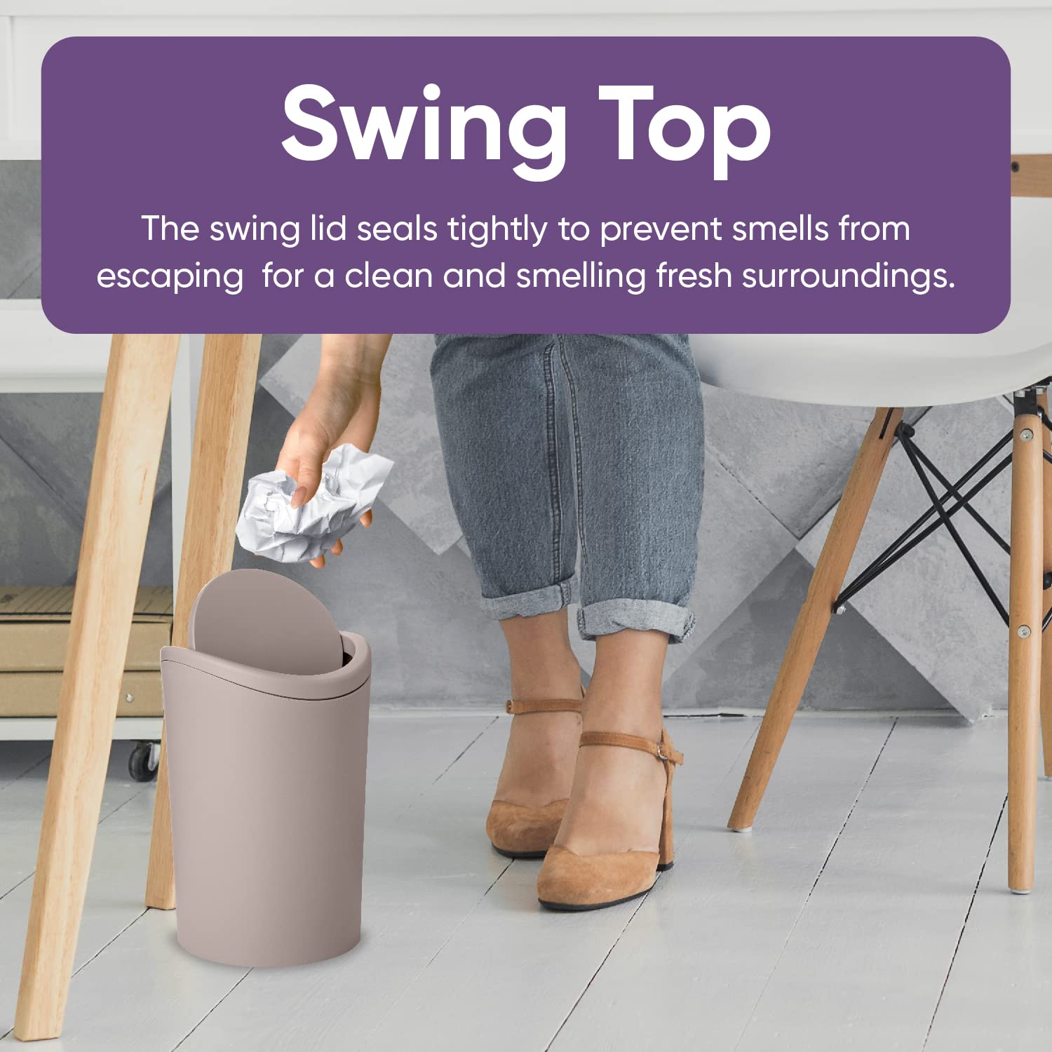 Superio Mini Bathroom Trash Can With Lid, Modern Mini Waste Bin With Swing Lid (1 1/2 Gallon, 6 Liter) Plastic Garbage Can For K