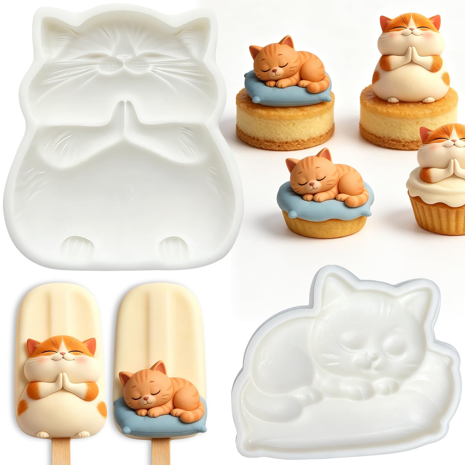 IKOJING 2Pcs Sleeping Cat Silicone Fondant Molds for Candy Cake Decorating