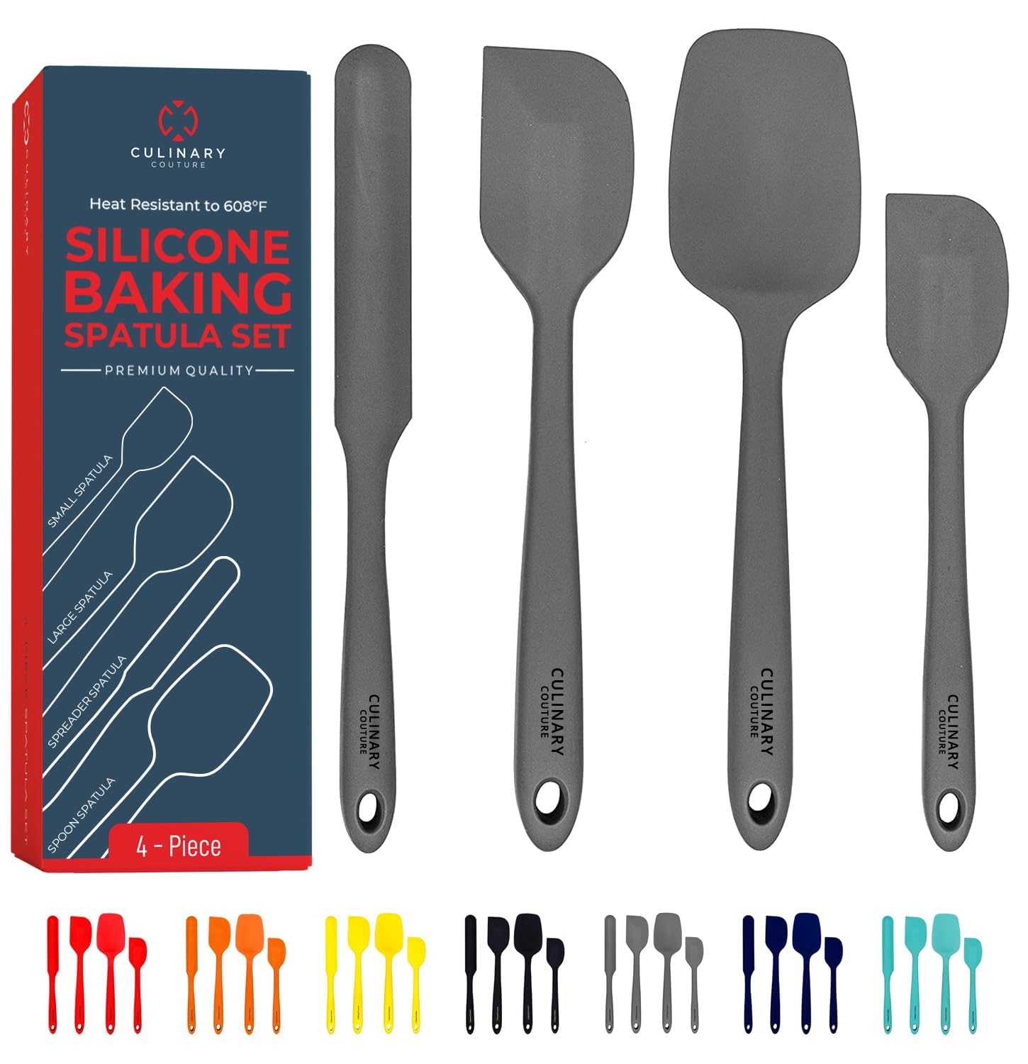 Culinary Couture 4-Piece Grey Silicone Baking Spatula Set - Rubber Spatulas Silicone Heat Resistant Up To 608F, Bpa-Free - Silic