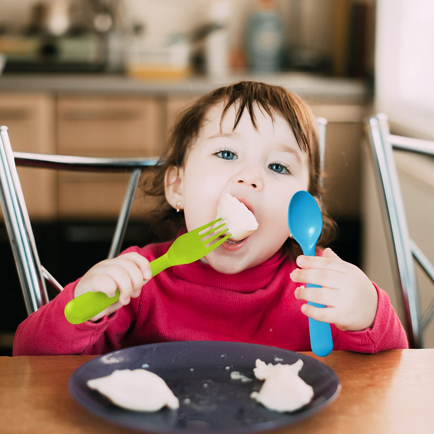 PLASKIDY Plastic Kids Spoon Set of 18 - BPA Free, Dishwasher Safe Reusable Children's Cutlery - Brightly Colored Toddler Flatwar