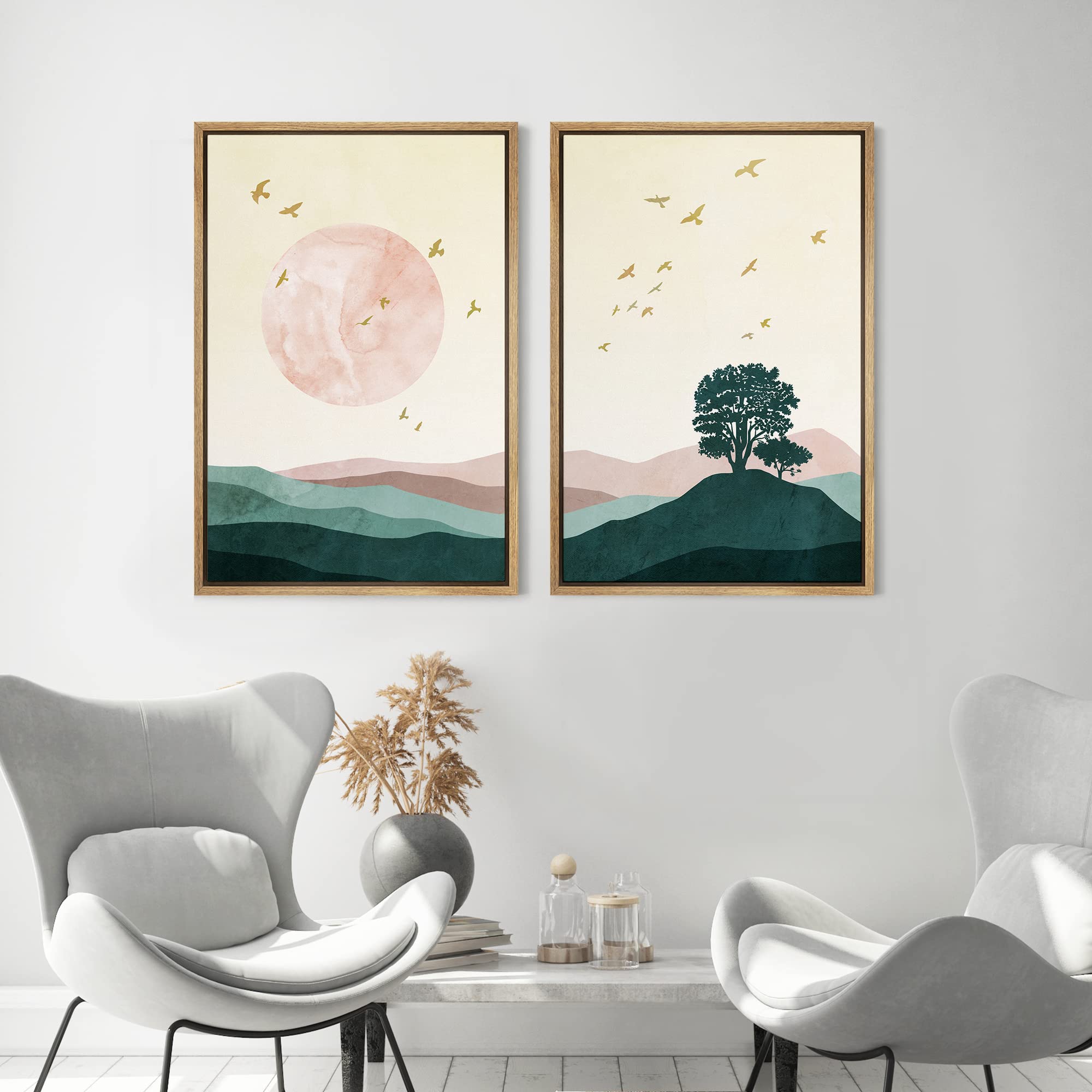 Mudecor Framed Wall Art Print Set Gold Birds And Pink & Green Gradient Mountain Landscape Nature Wilderness Illustrations Modern