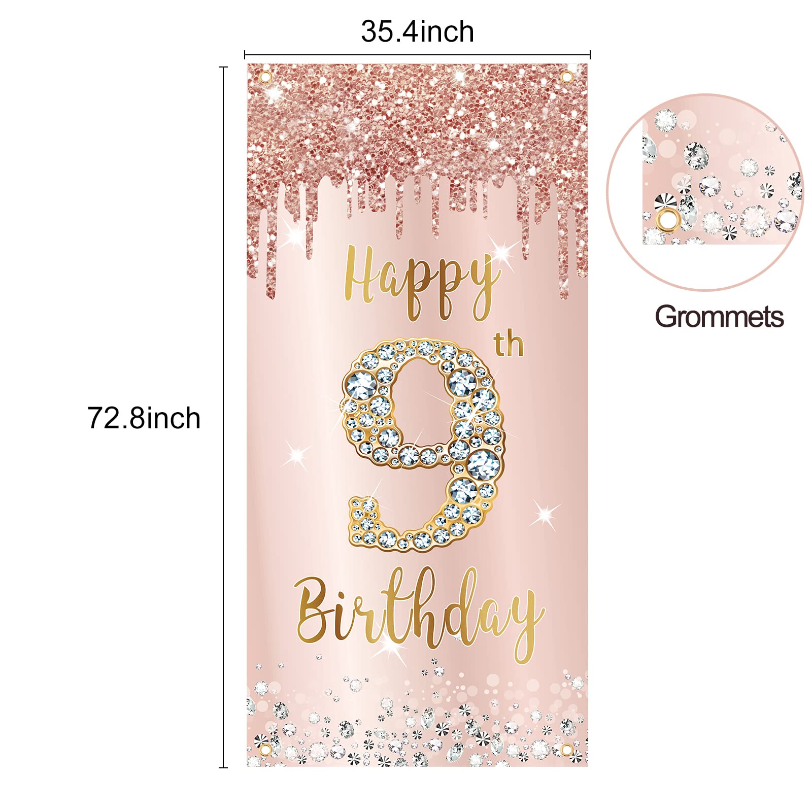 9Th Birthday Door Banner Decorations For Girls, Pink Rose Gold Happy 9Th Birthday Sign Door Cover Backdrop Party Decor, Large Ni