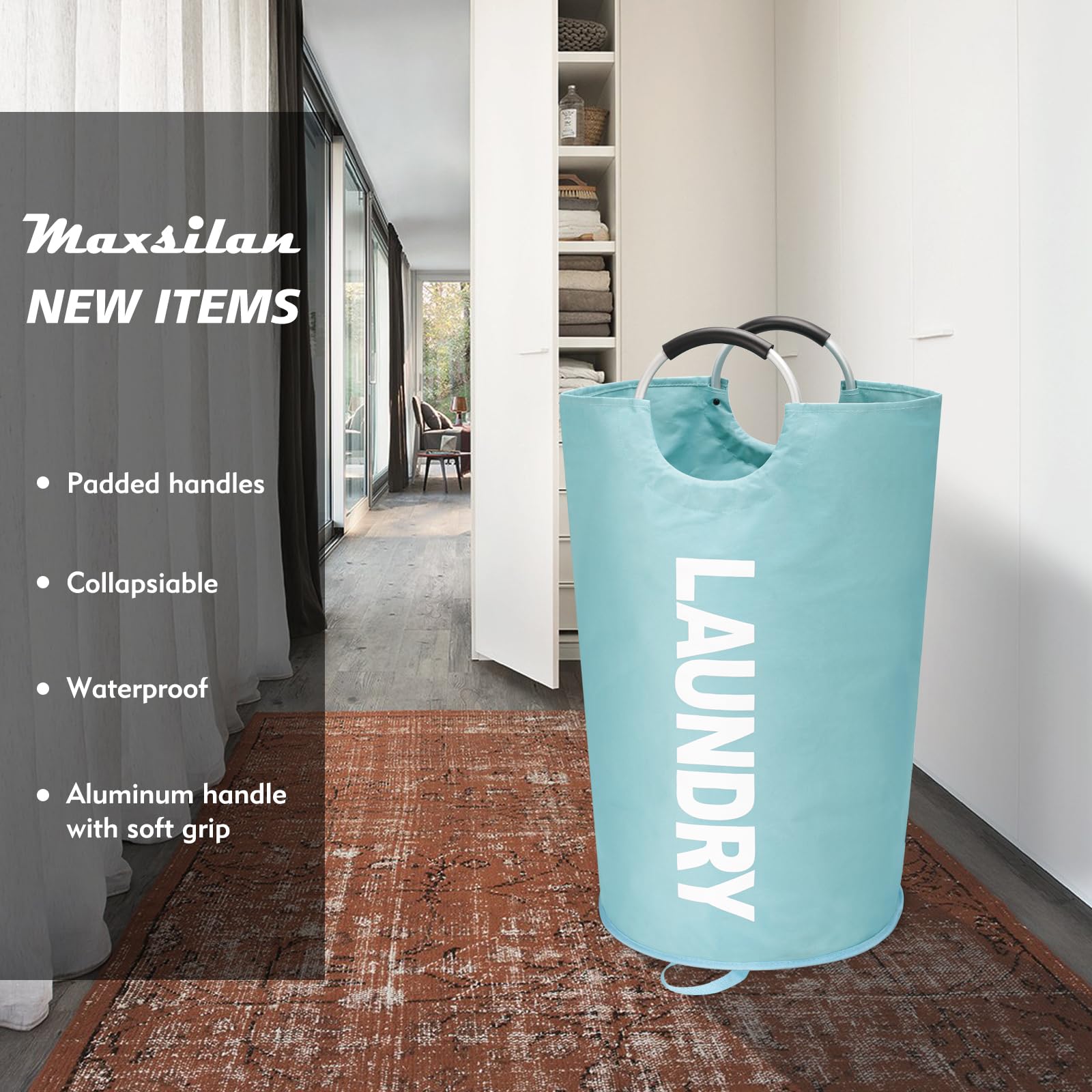 Maxsilan 125L X-Large Laundry Basket  Freestanding Tall Clothes Hamper  Collapsible Laundry Bag Waterproof with Foam Protected Aluminum Handles for College Dorm  Family Light Blue