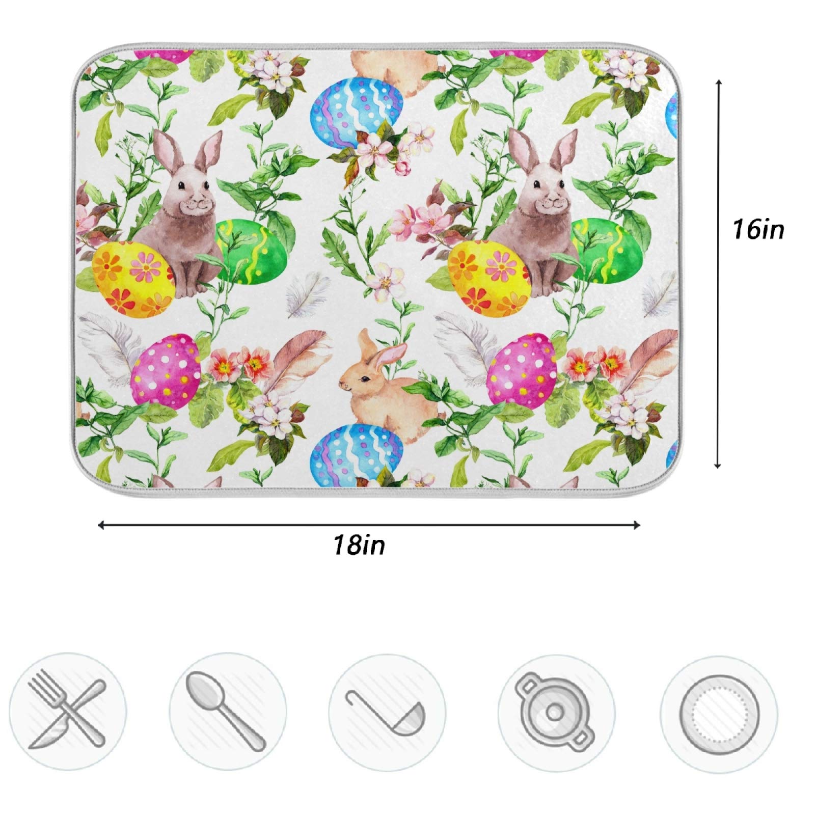 Zzwwr Easter Bunny Eggs Floral Pattern Absorbent Dish Drying Mat, 16 X 18 Inches Microfiber Kitchen Countertop Table Protector M
