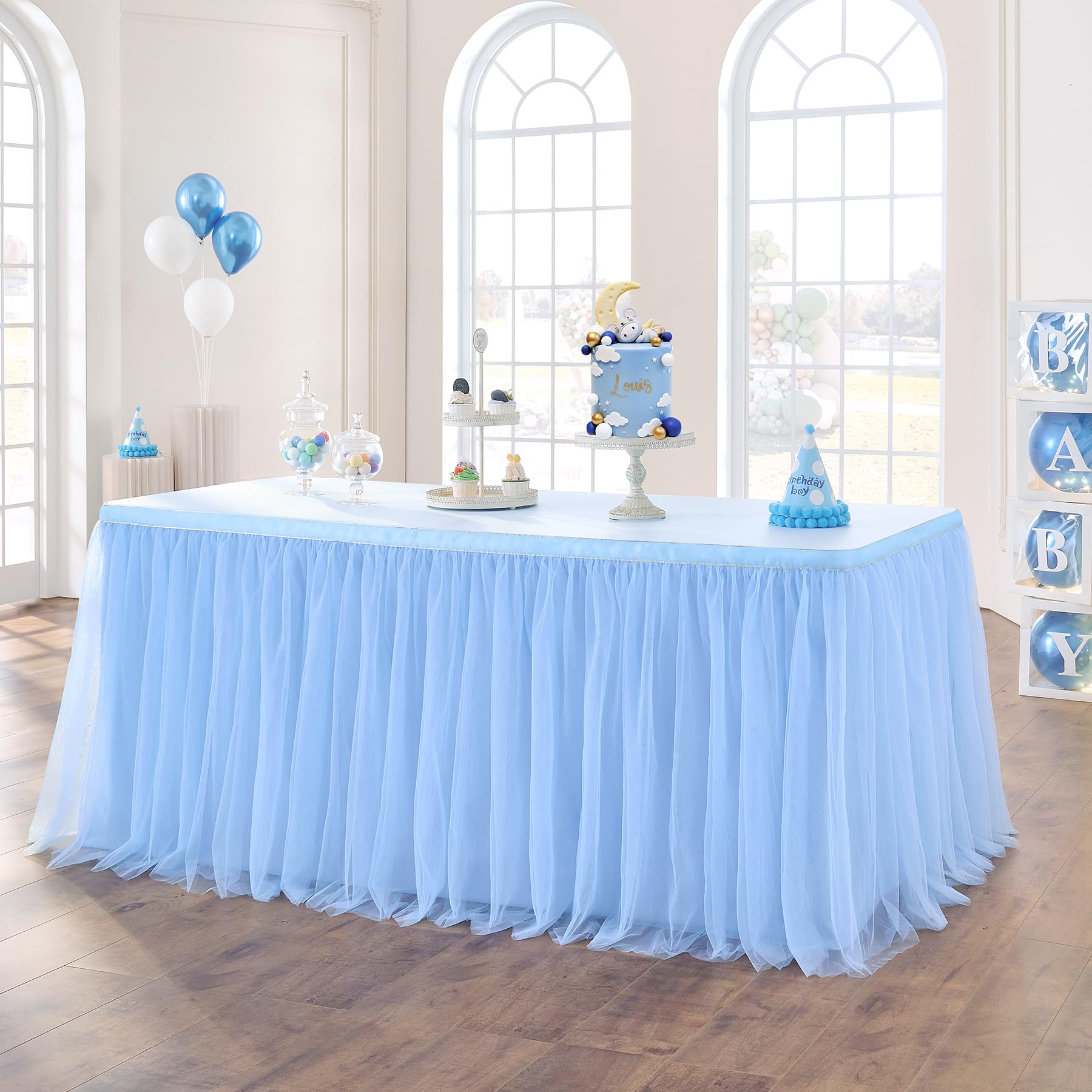 167in Baby Blue Tulle Table Skirts for Rectangle Tables 6/8ft, 2-Layer Gold Grim Ruffle Tulle Tutu Blue Cloth Table Skirt 14ft D