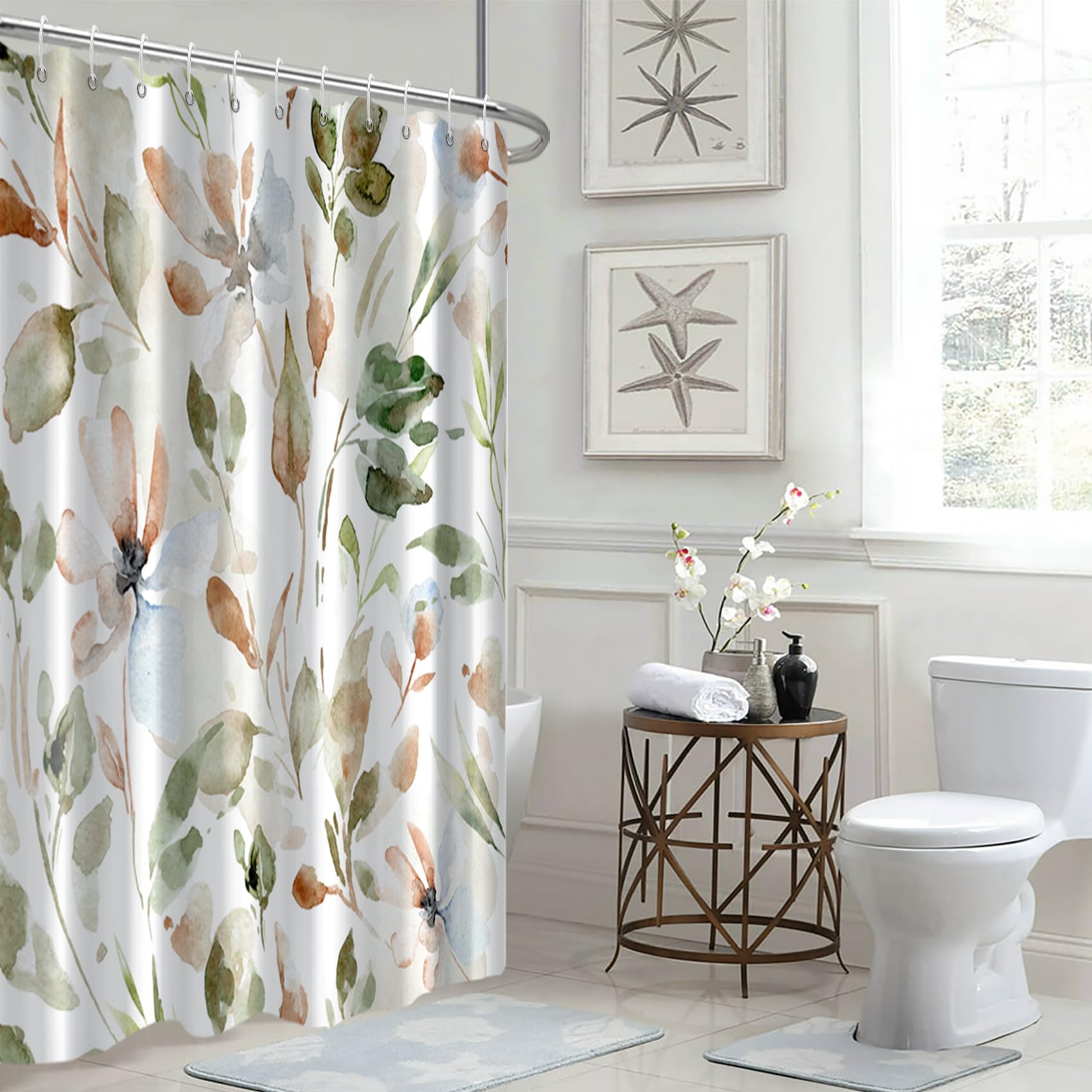 Ruelvth Floral Shower Curtain, Spring Sage Green And Pink Flower Shower Curtain For Bathroom Watercolor Botanical Shower Curtain