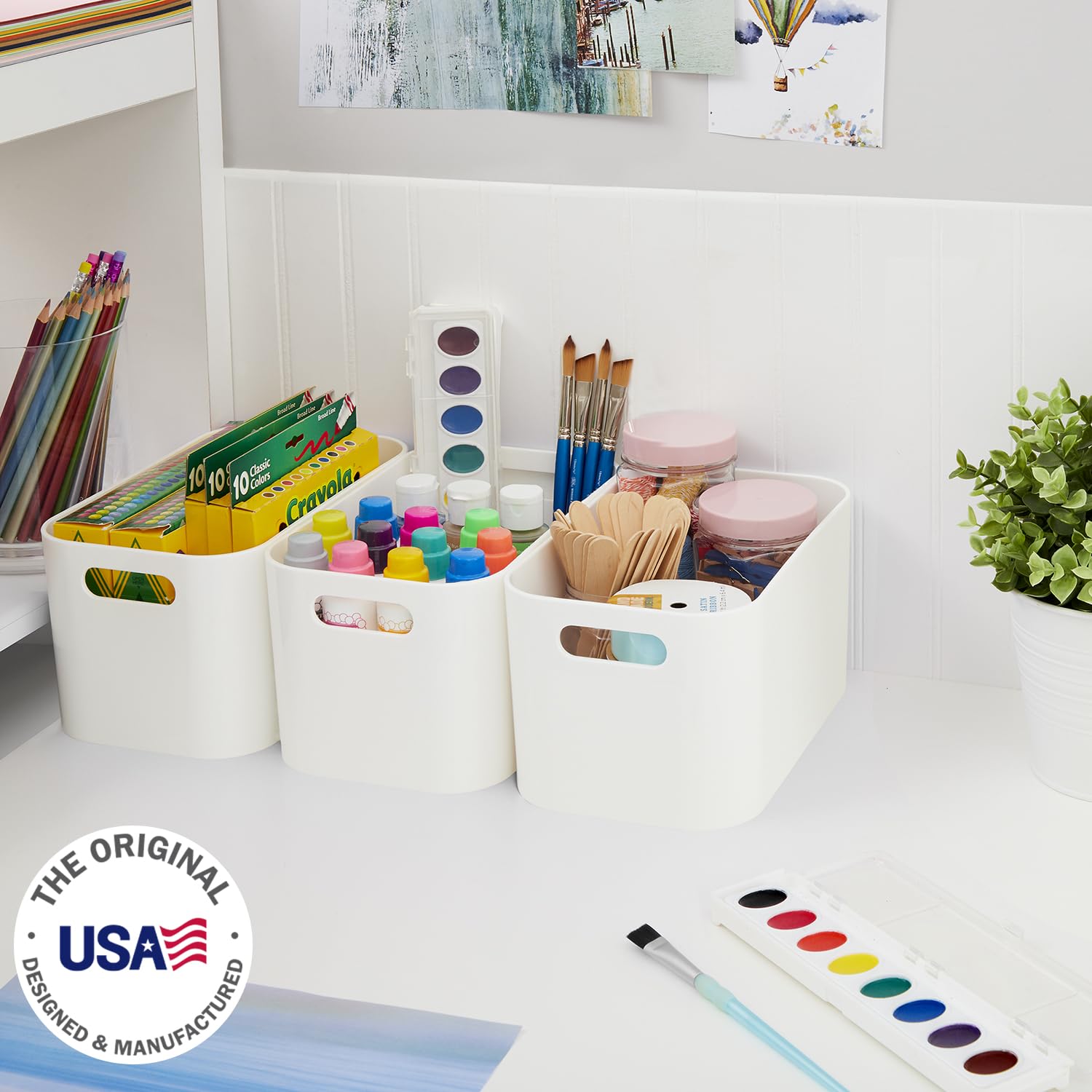 Stori 10'' X 6'' Open Plastic Organizer Bin (Set Of 3) White | Rectangular Arts & Crafts Storage Container With Pass-Through Han