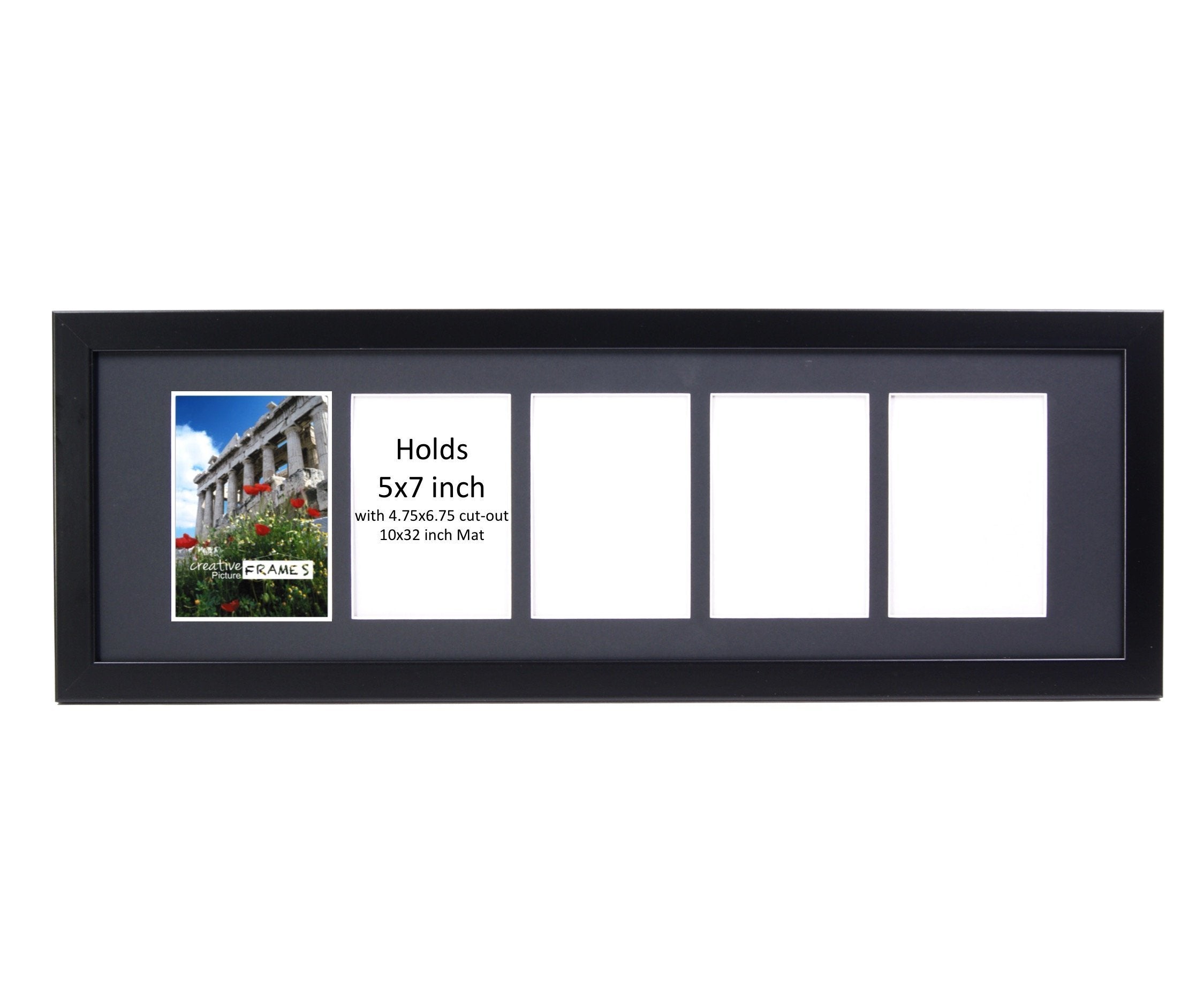CreativePF- 5 Opening Black Picture Frame Holds 5 by 7-inch Media with 10x32-inch Black Mat Collage including Full Strength Glas