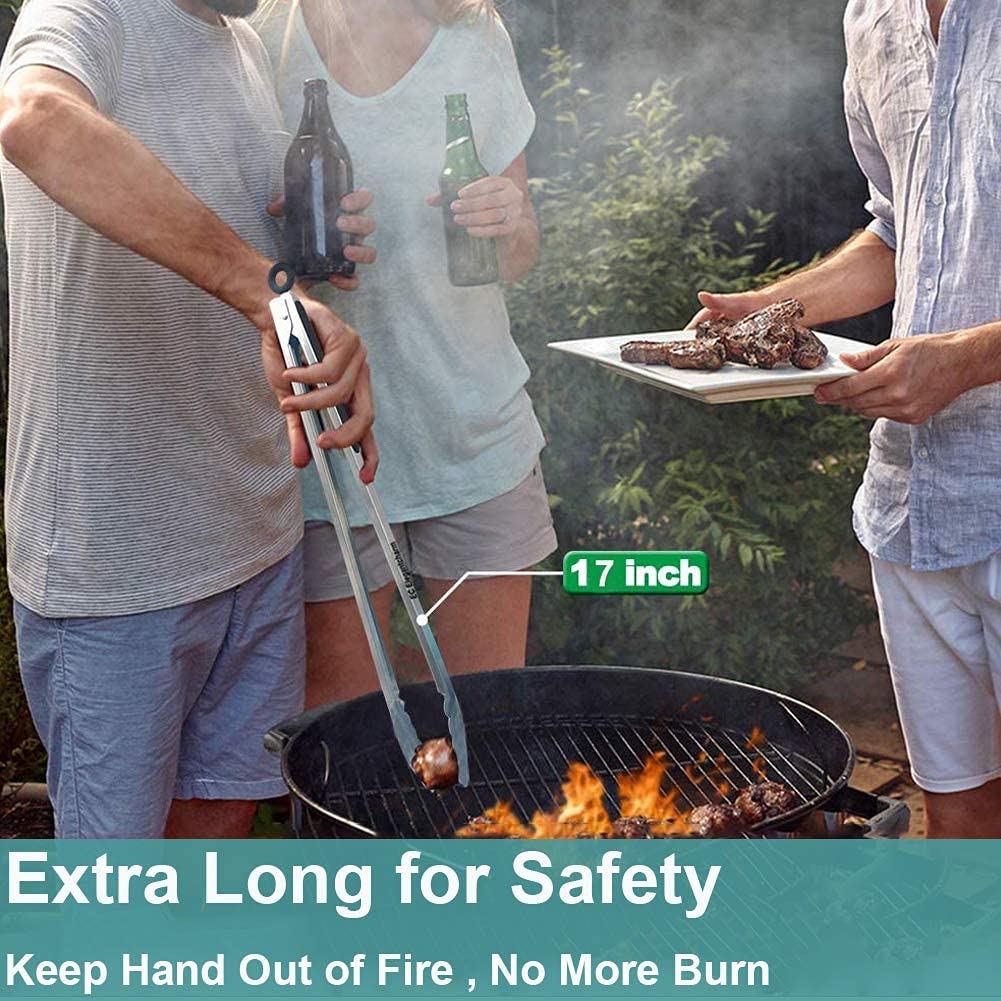 Bbq Tongs For Grilling, 17 Long Kitchen Cooking Stainless Steel Heavy Duty Locking Grill Tongs With Soft Grip Silicone Handle