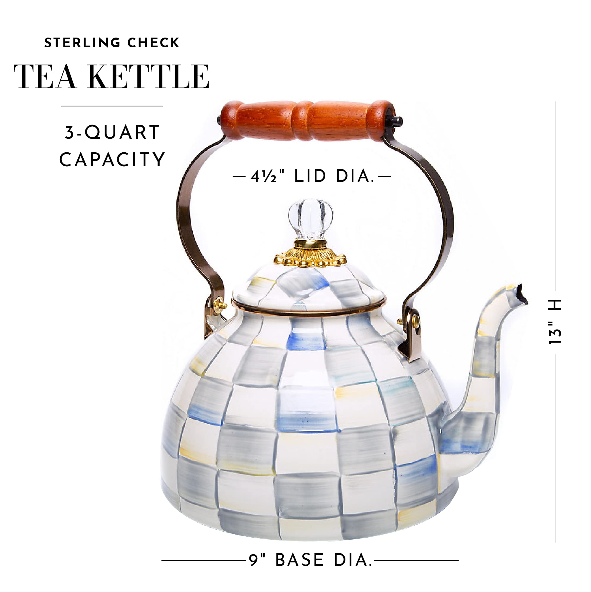 Mackenzie-Childs Sterling Check Enamel Tea Kettle, Decorative Tea Kettle, 3-Quart Capacity
