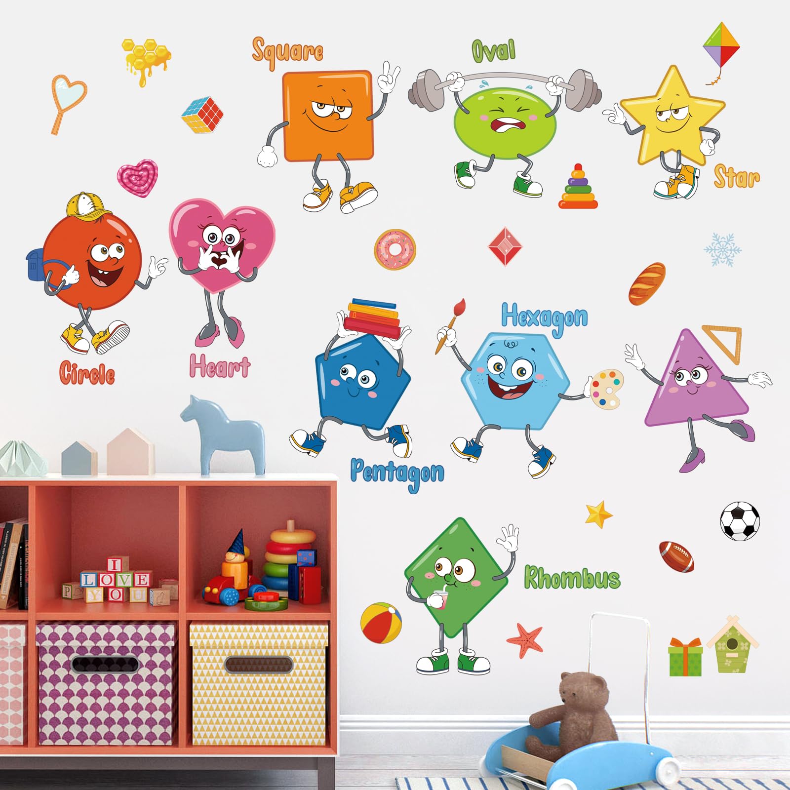 Wondever Colorful Shapes Wall Stickers Educational Learning Geometry Peel And Stick Wall Art Decals For Toddlers Kids Room Class
