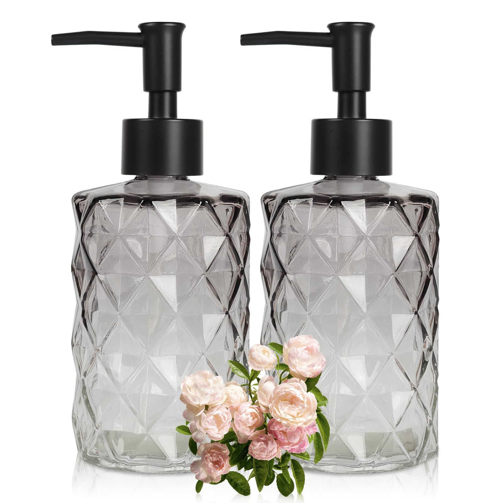 Ulable Glass Soap Dispenser With Plastic Pump, 2 Pack 12Oz Gradient Diamond Design Black Soap Dispenser, Bathroom Soap Dispenser