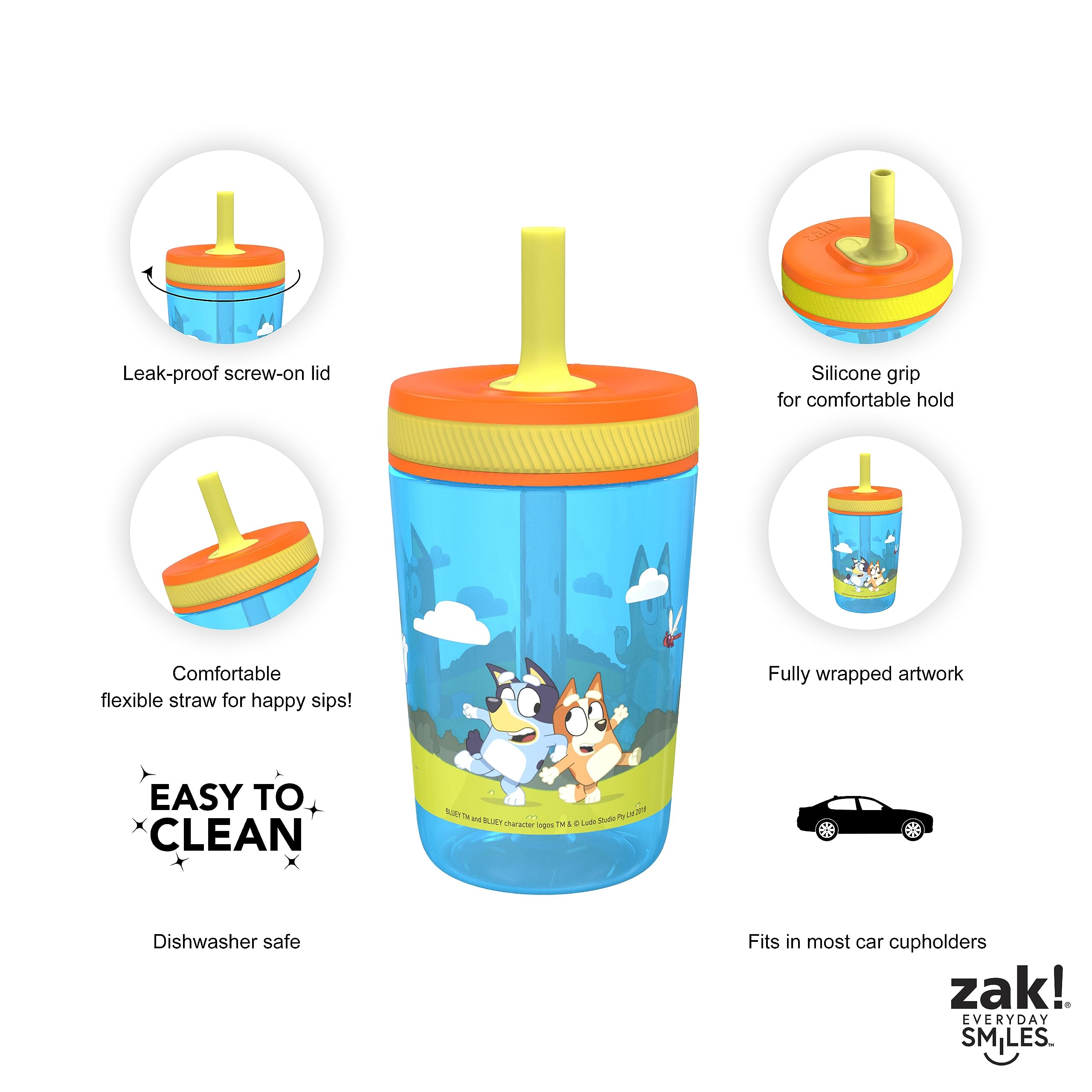 Zak Designs Bluey Kelso Tumbler Set, 15 Fl.Oz. Leak-Proof Screw-On Lid With Straw, Bundle For Kids Includes Plastic And Stainles