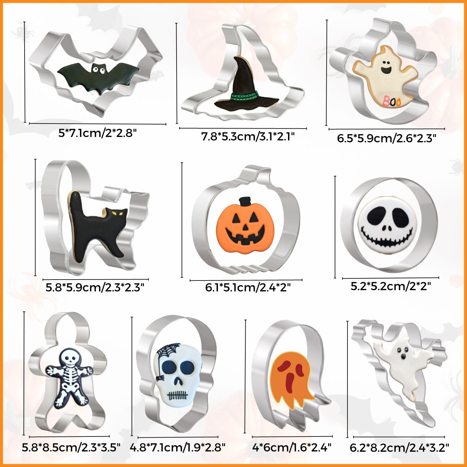 Crethinkaty 10 Pieces Halloween Cookie Cutters Set For Baking - Ghost,Bat,Cat,Gingerbread Man,Pumpkin,Skull,Round And Witch'S Ha